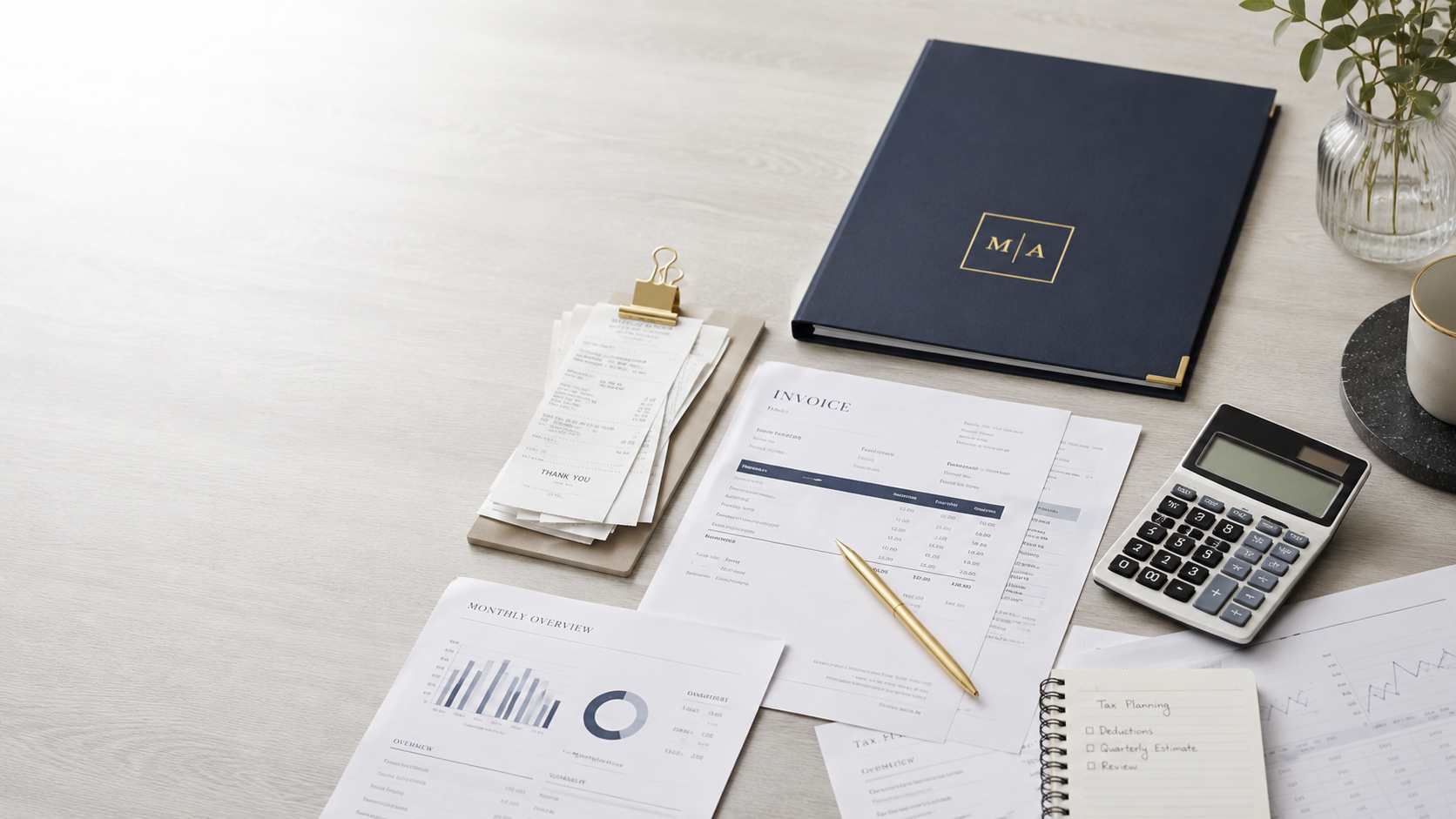 Desk with financial documents, receipts clip, calculator, pen, planner, and a small potted plant.
