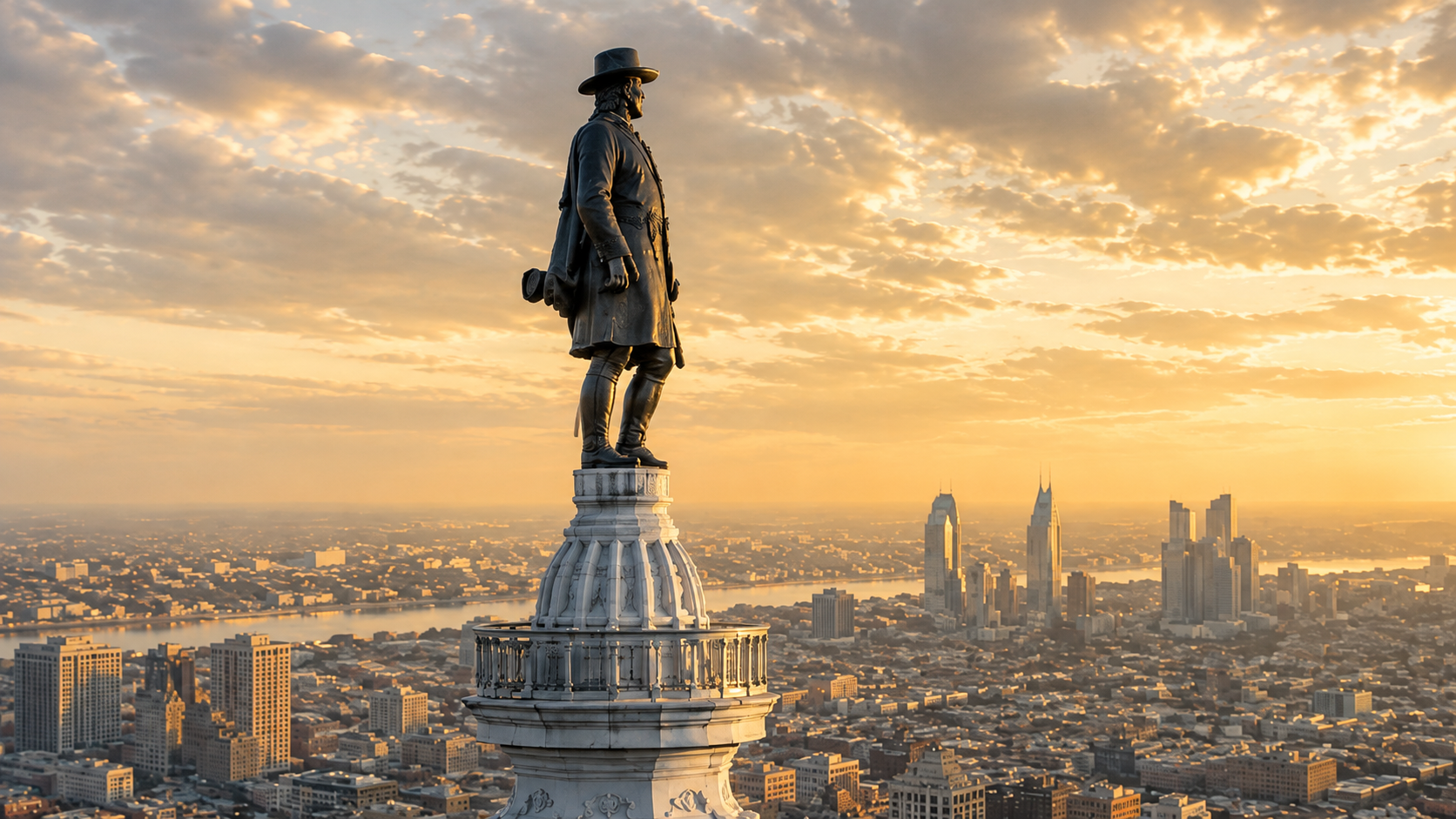 Statue of a man in historical attire on a tall pedestal overlooking a city skyline at sunset.