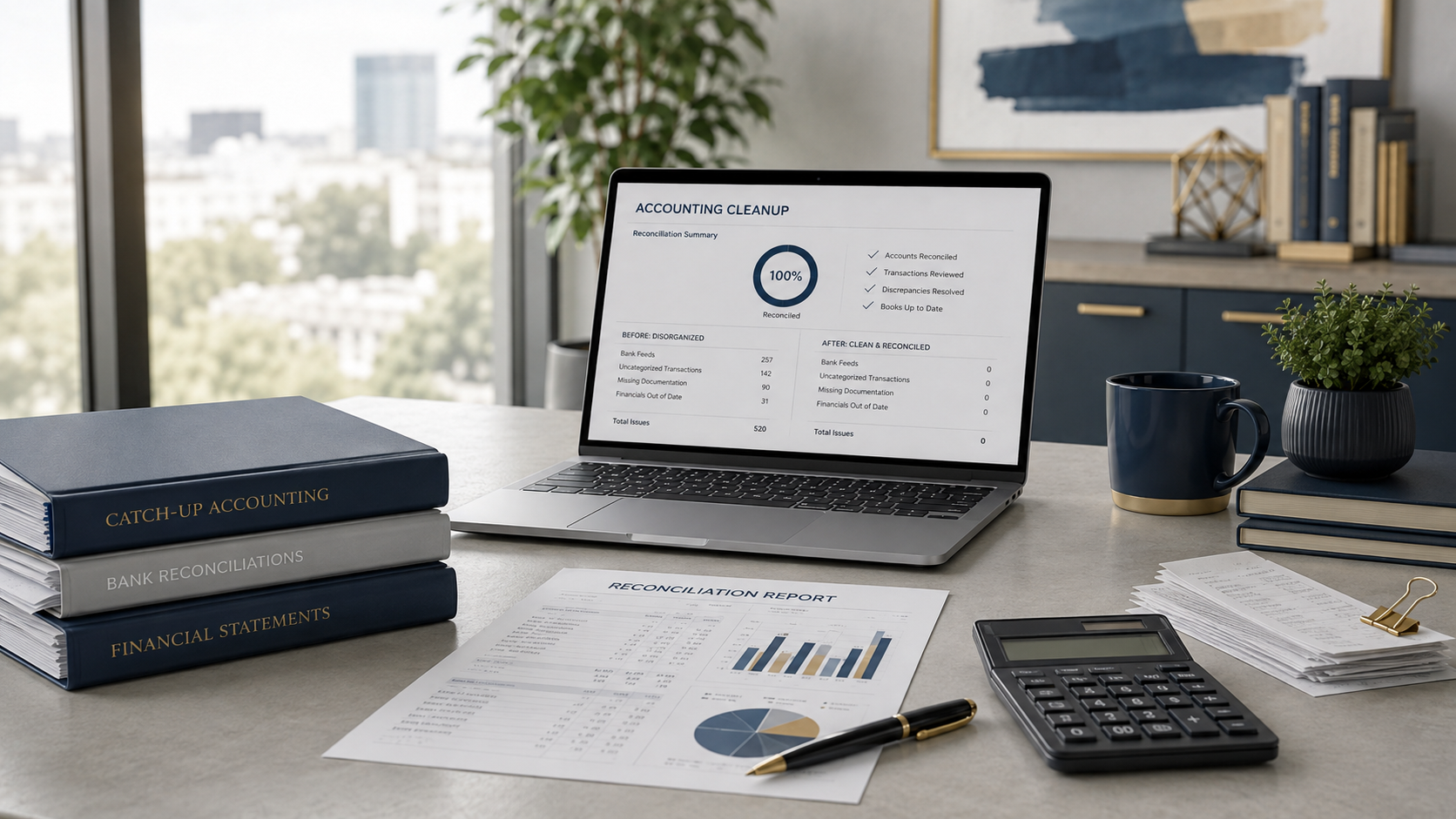 Work desk with accounting reports, a laptop displaying account reconciliation progress, binders labeled 'Catch-up Accounting,' 'Bank Reconciliations,' and 'Financial Statements,' a calculator, a pen, a cup, a plant, and a stack of papers with a binder clip.