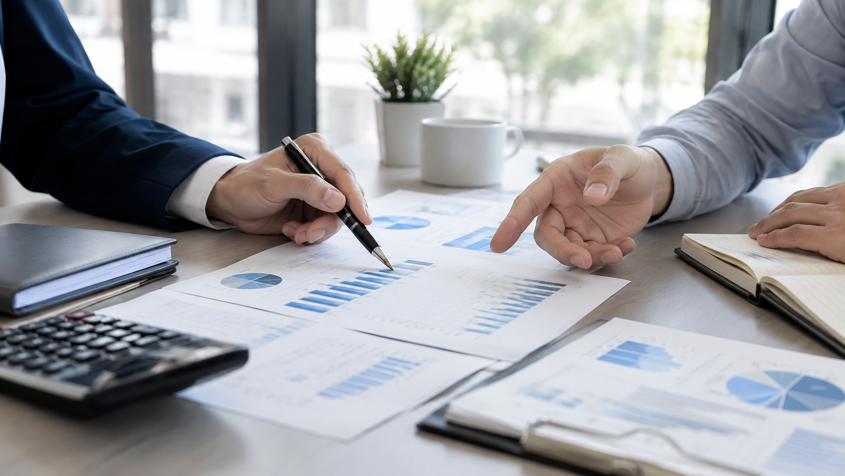 Two people discussing financial graphs and charts on a table, with notebooks, a calculator, and coffee cups in the background.