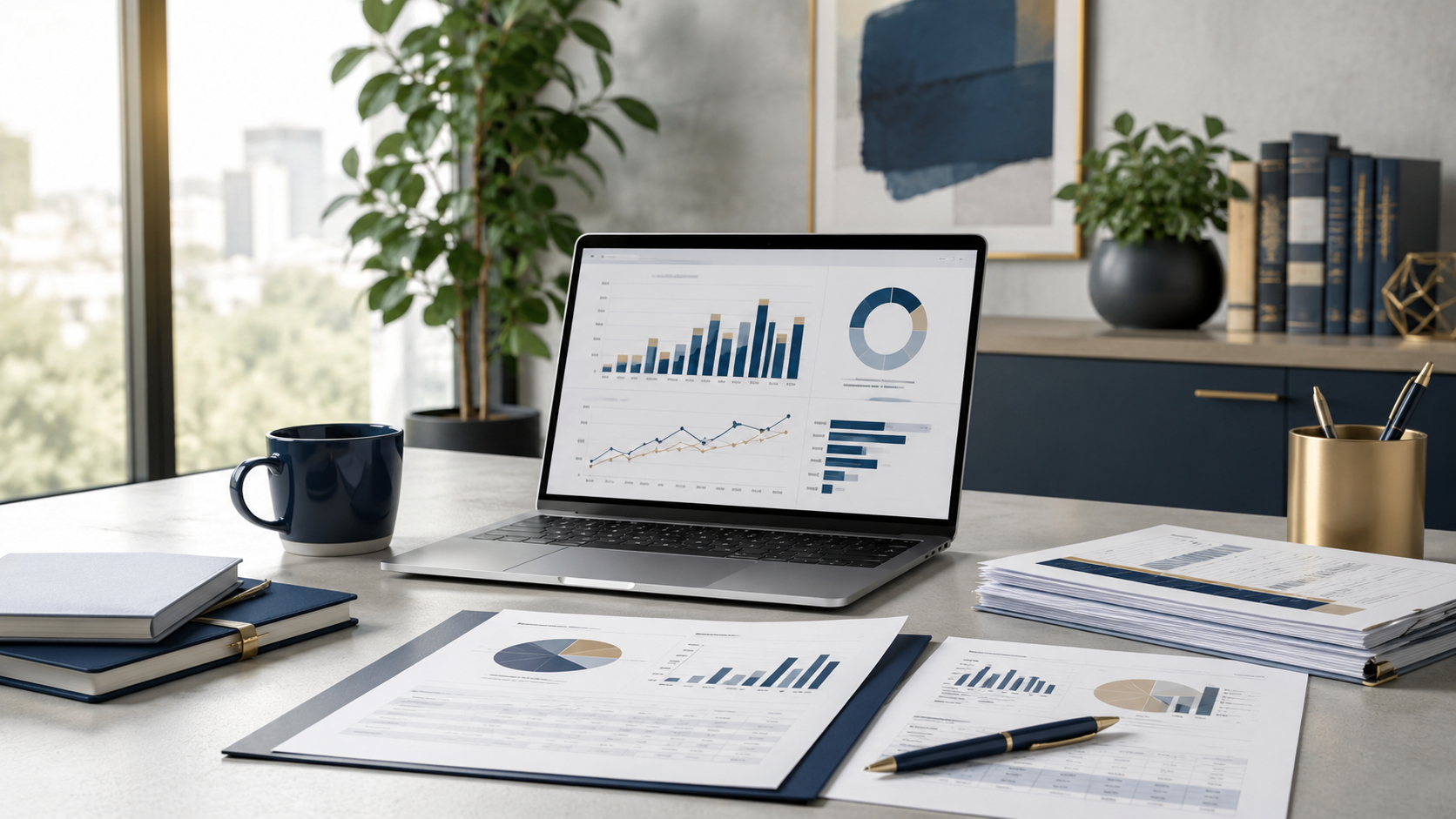 An office desk with a laptop displaying business charts, papers with graphs, a pen, notebooks, a gold pen holder with pens, a blue coffee mug, in a modern room with large window, houseplants, and artwork on the wall.
