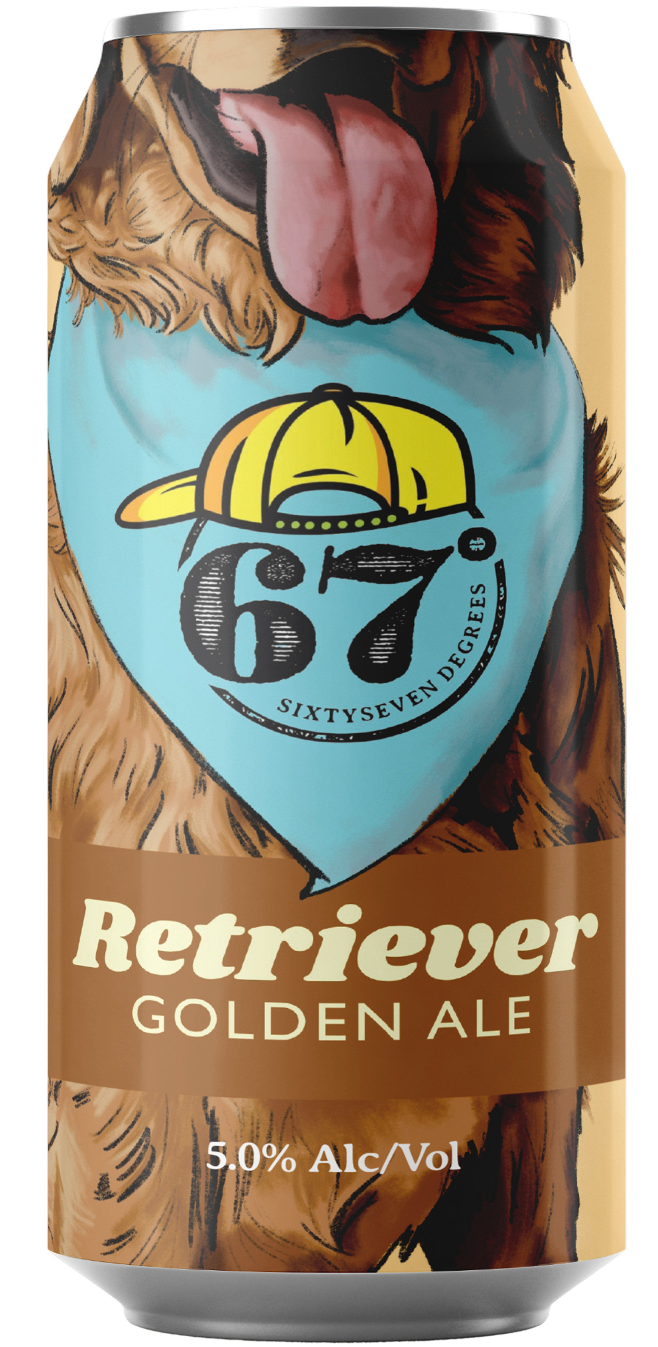A beer can with artwork of a dog with its tongue out, wearing a blue bandana with a logo that includes a yellow cap and the text "67" and "Sixtyseven Degrees." The can label reads "Retriever Golden Ale" and indicates an alcohol content of 5.0%.