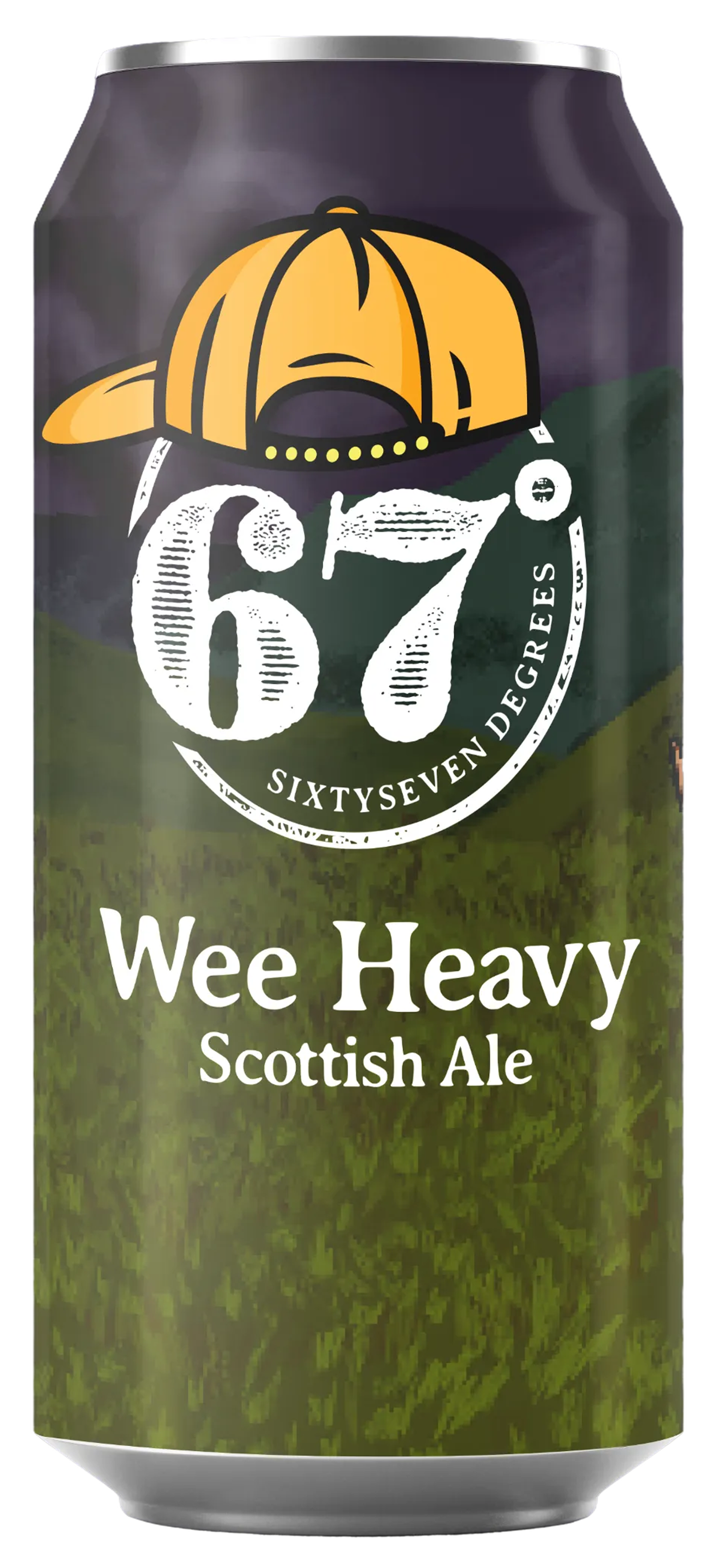 A can of 67 Sixseven Degrees Wee Heavy Scottish Ale with a label featuring a yellow cap illustration and green landscape background.