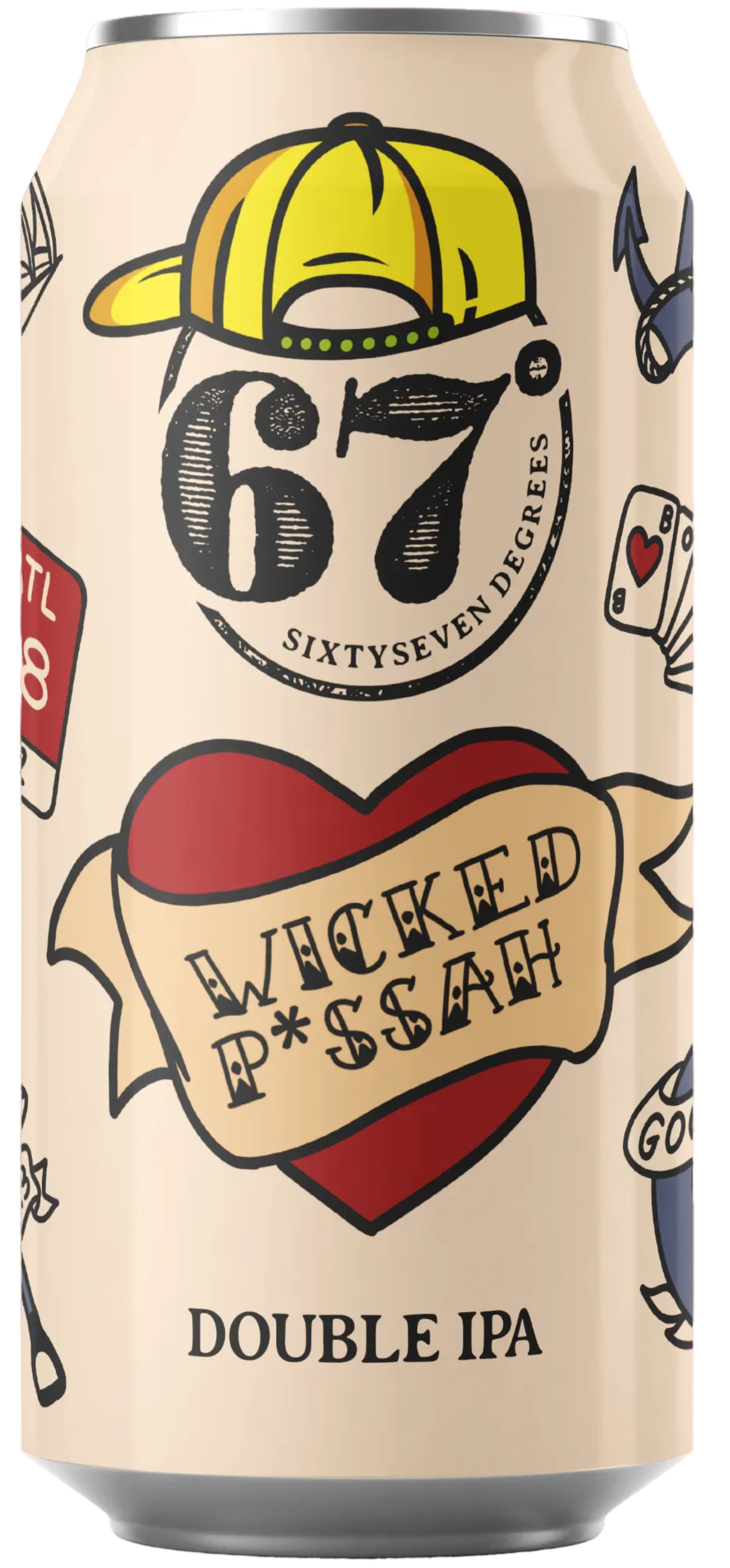 Design of a beer can with a heart and tattoo-style text that reads 'Wicked P**s*ah', a skull wearing a yellow trucker hat, and the words 'Sixtyseven Degrees' and 'Double IPA'.