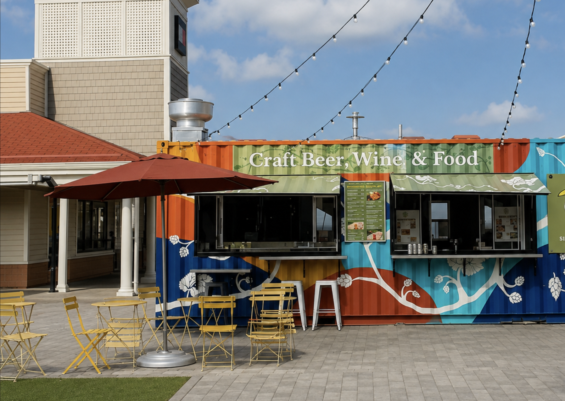 Outdoor food stand made from a shipping container painted with colorful floral and tree designs, with a menu display and seating area with yellow chairs and red umbrellas, advertising craft beer, wine, and food.