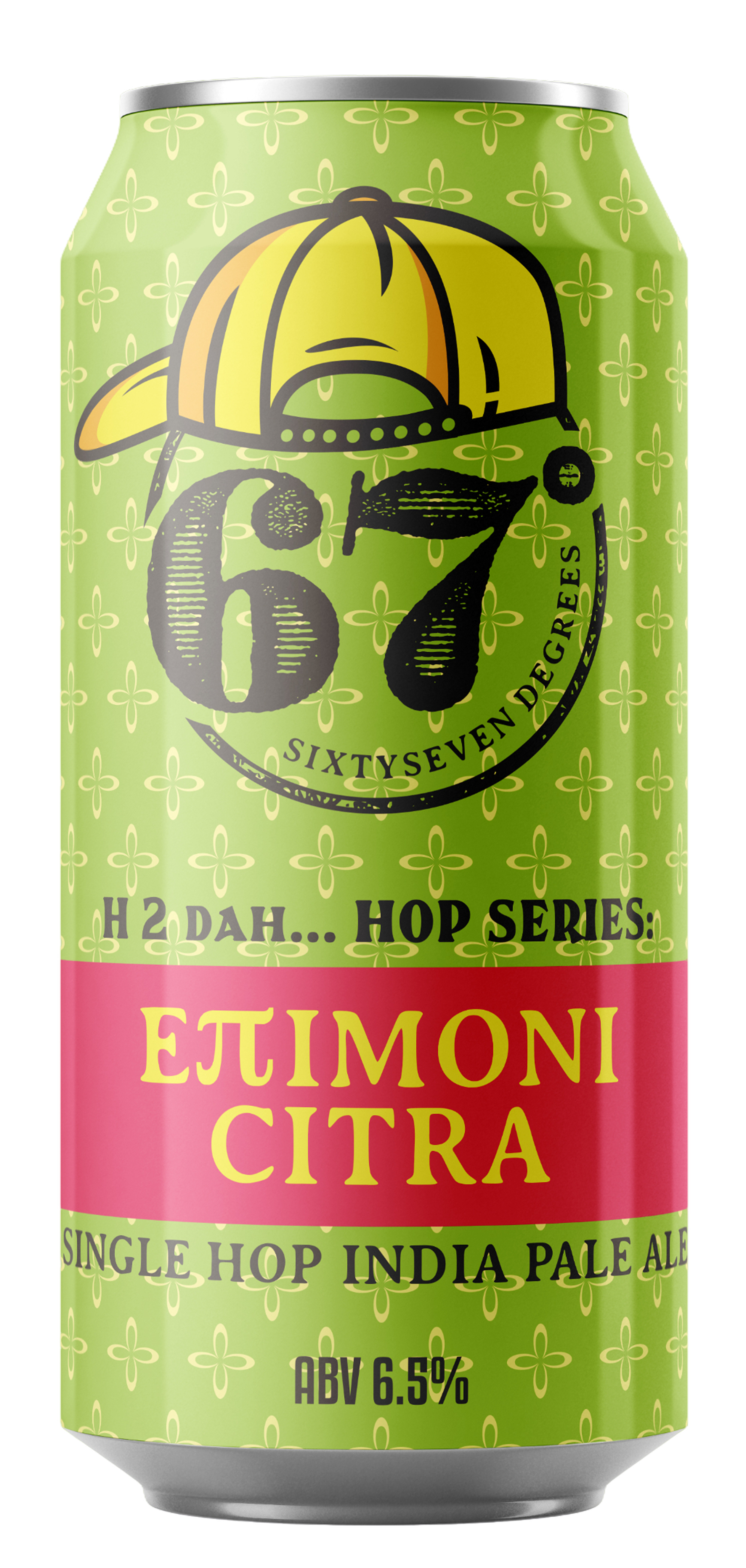 Can with a green and pink label featuring a yellow and black cap graphic and the text 'Epimoni Citra' and 'Single Hop India Pale Ale' with 6.5% alcohol by volume.