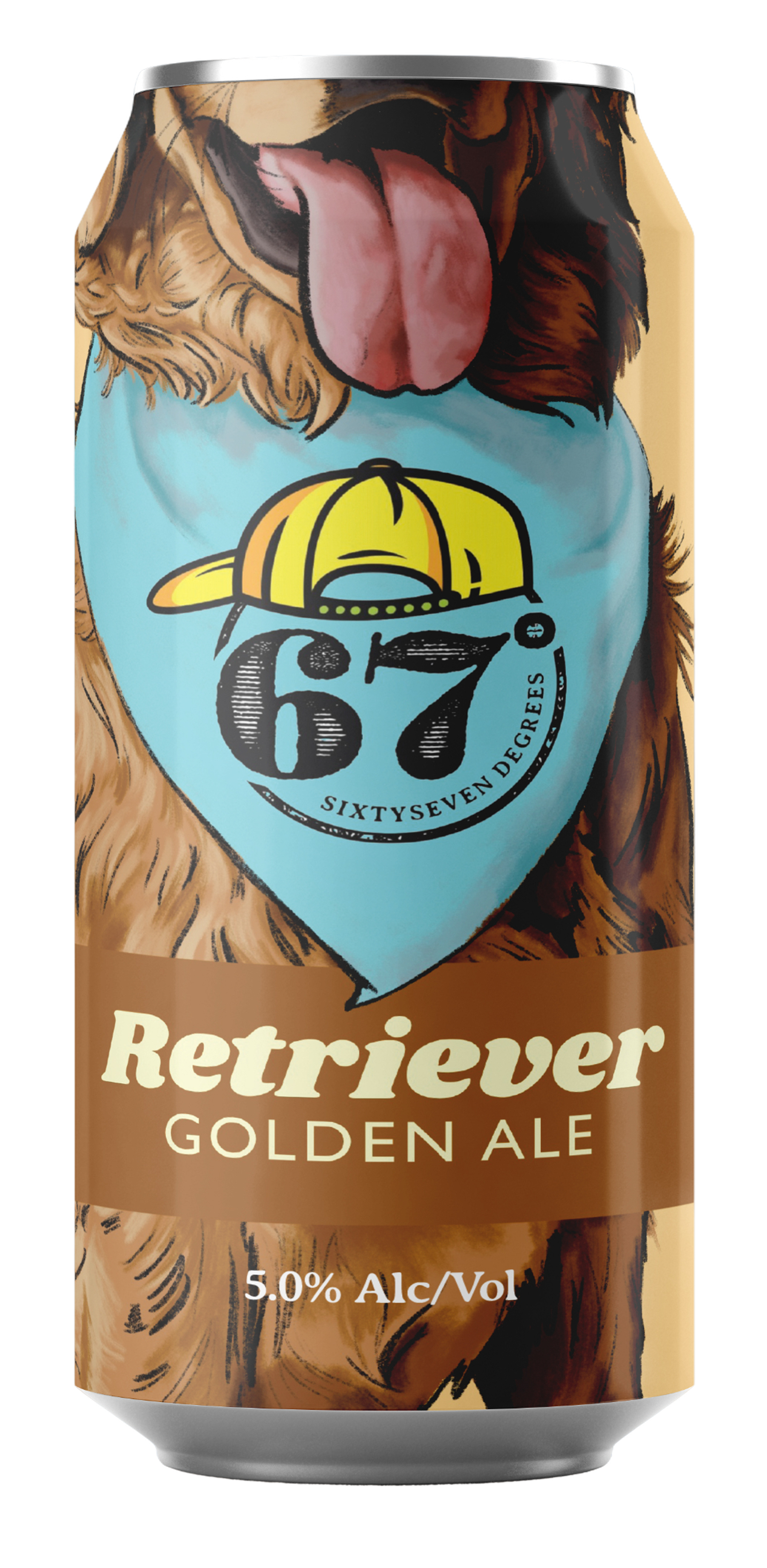 Illustrated can of Retriever Golden Ale with a stylized retriever dog's face and a bandana featuring the number 67 and a cap. The label indicates 5.0% alcohol.