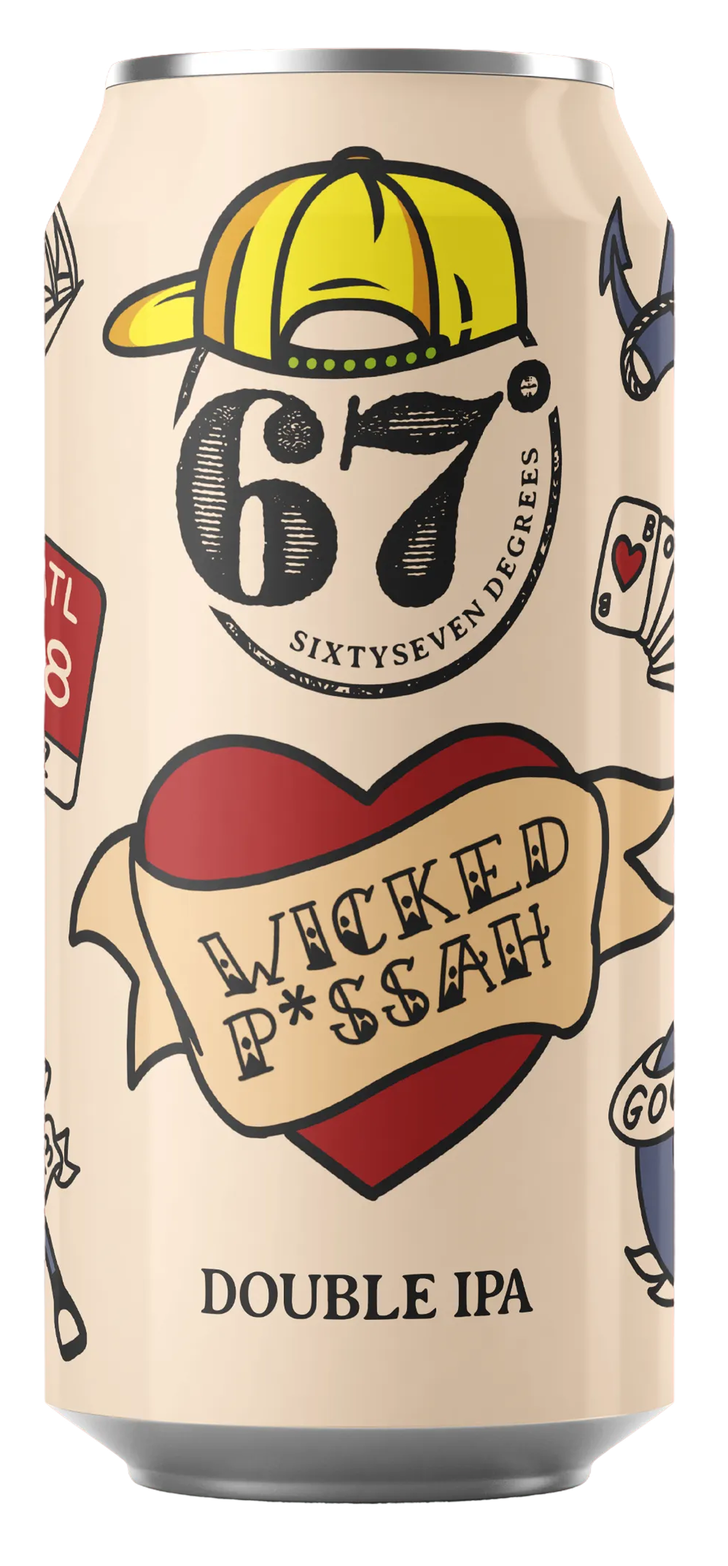 A beer can with a cartoon design, featuring a yellow cap, a heart with a banner that says 'Wicked P*ssah', and the words 'Double IPA' on the bottom.