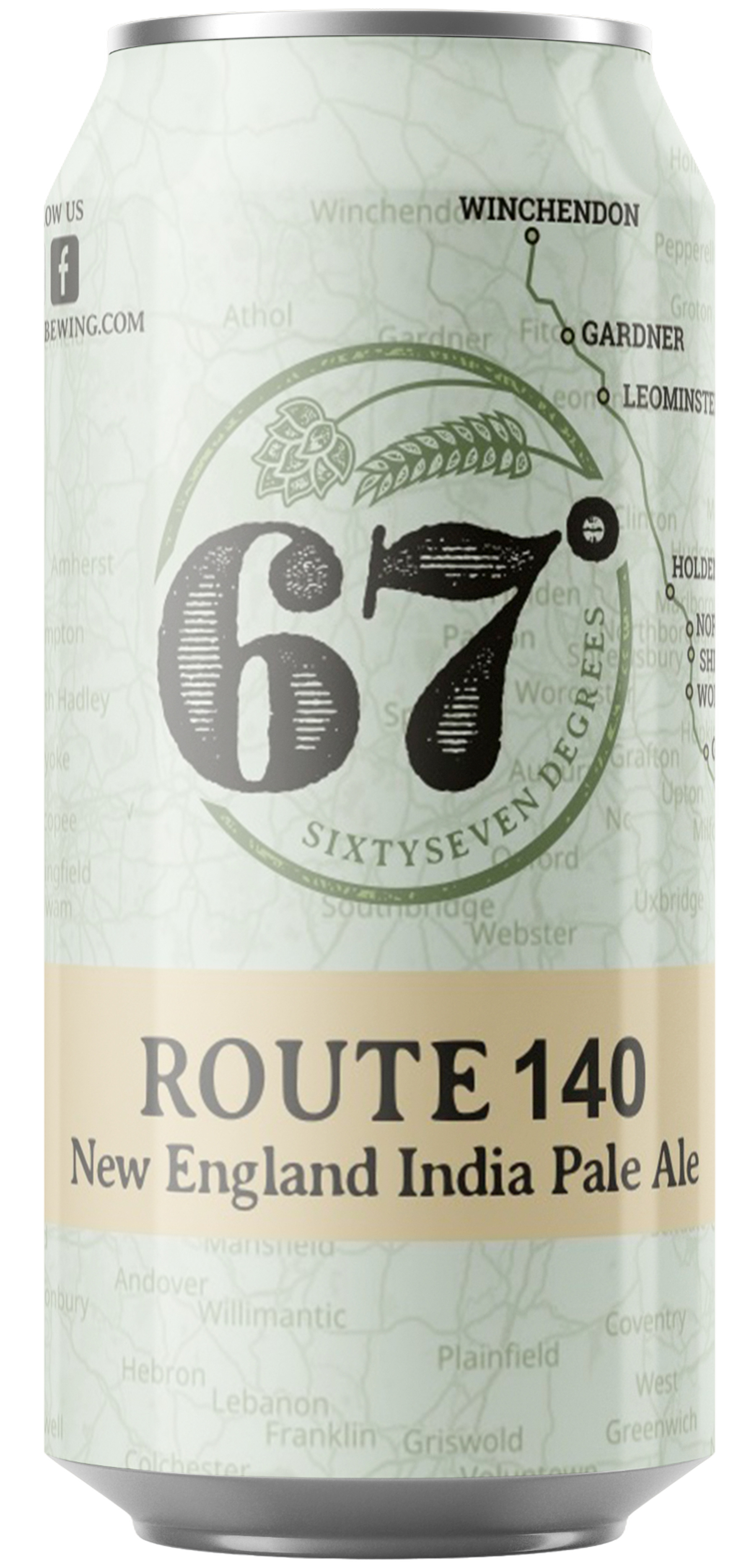 A can of Route 140 New England India Pale Ale with a map background, a logo featuring the number 67 and a hop and barley graphic, and a list of towns in Massachusetts.