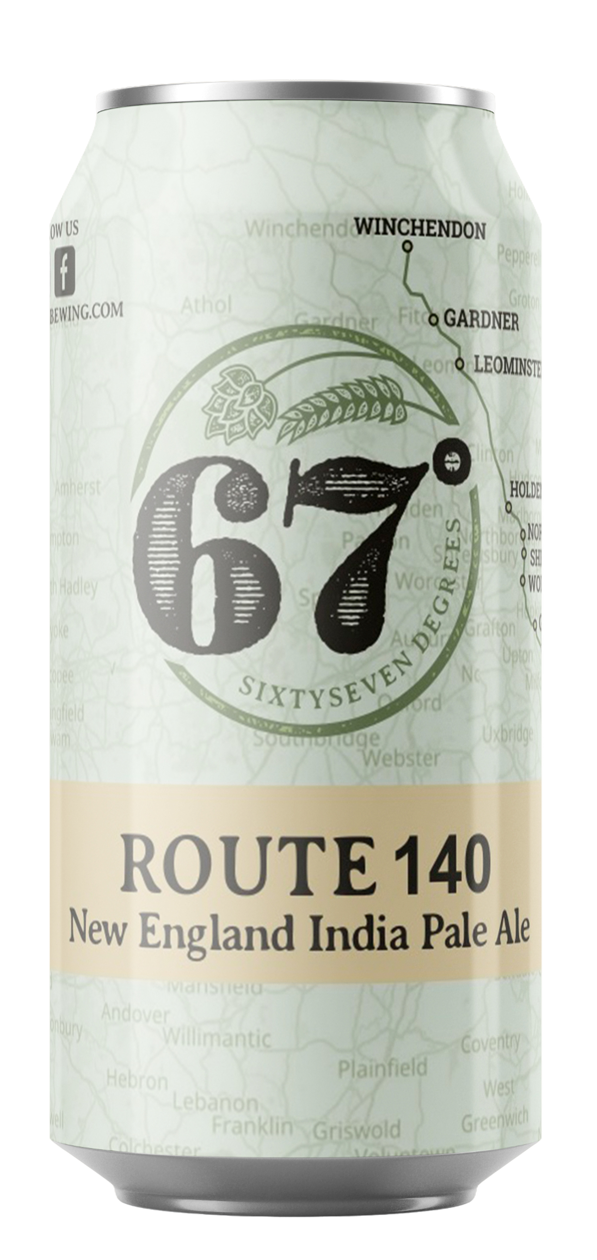 A can of Route 140 New England India Pale Ale with a map background, featuring a logo with the number 67 and a hop cone.