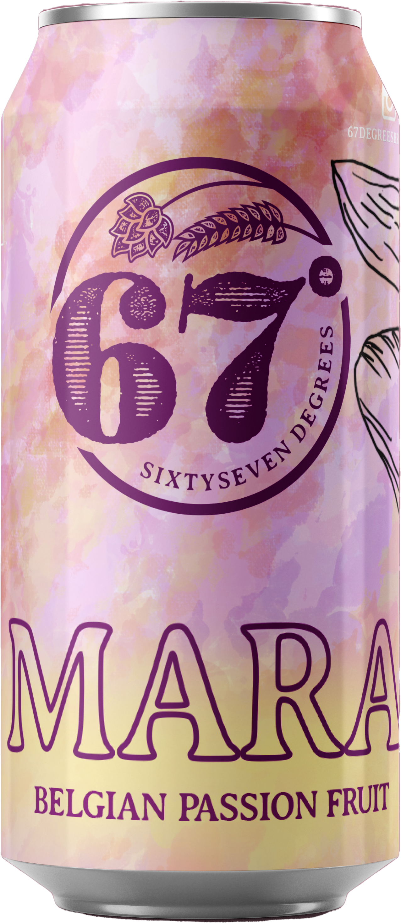 A can of Mára Belgian Passion Fruit flavored beverage with a pastel pink, purple, and yellow watercolor background, featuring large stylized text and decorative fruit illustrations.