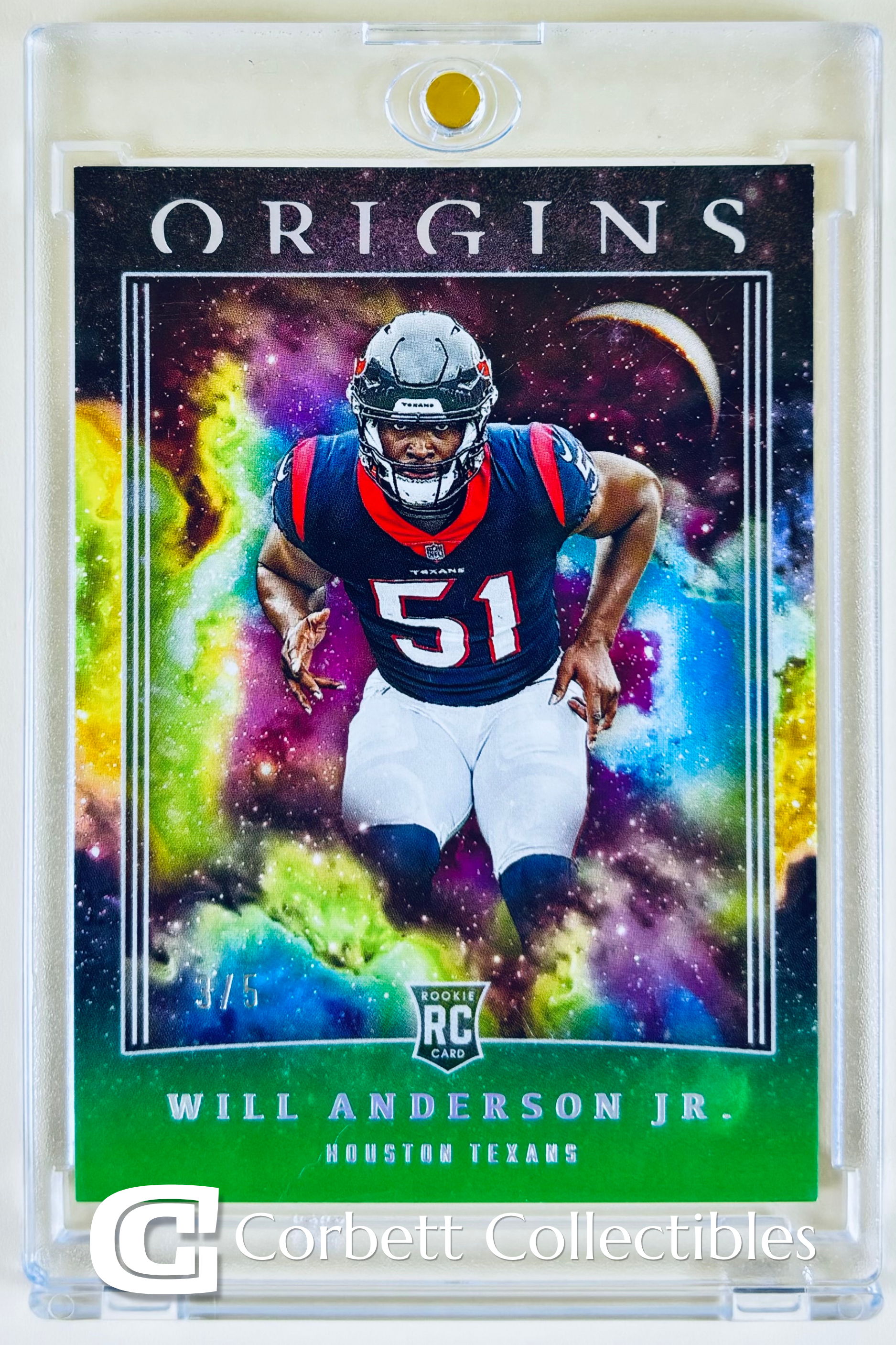 Trading card featuring Will Anderson Jr., Houston Texans, with space-themed background, cosmic colors, and galaxy imagery, marked as 3 out of 5, Rookie RC card.