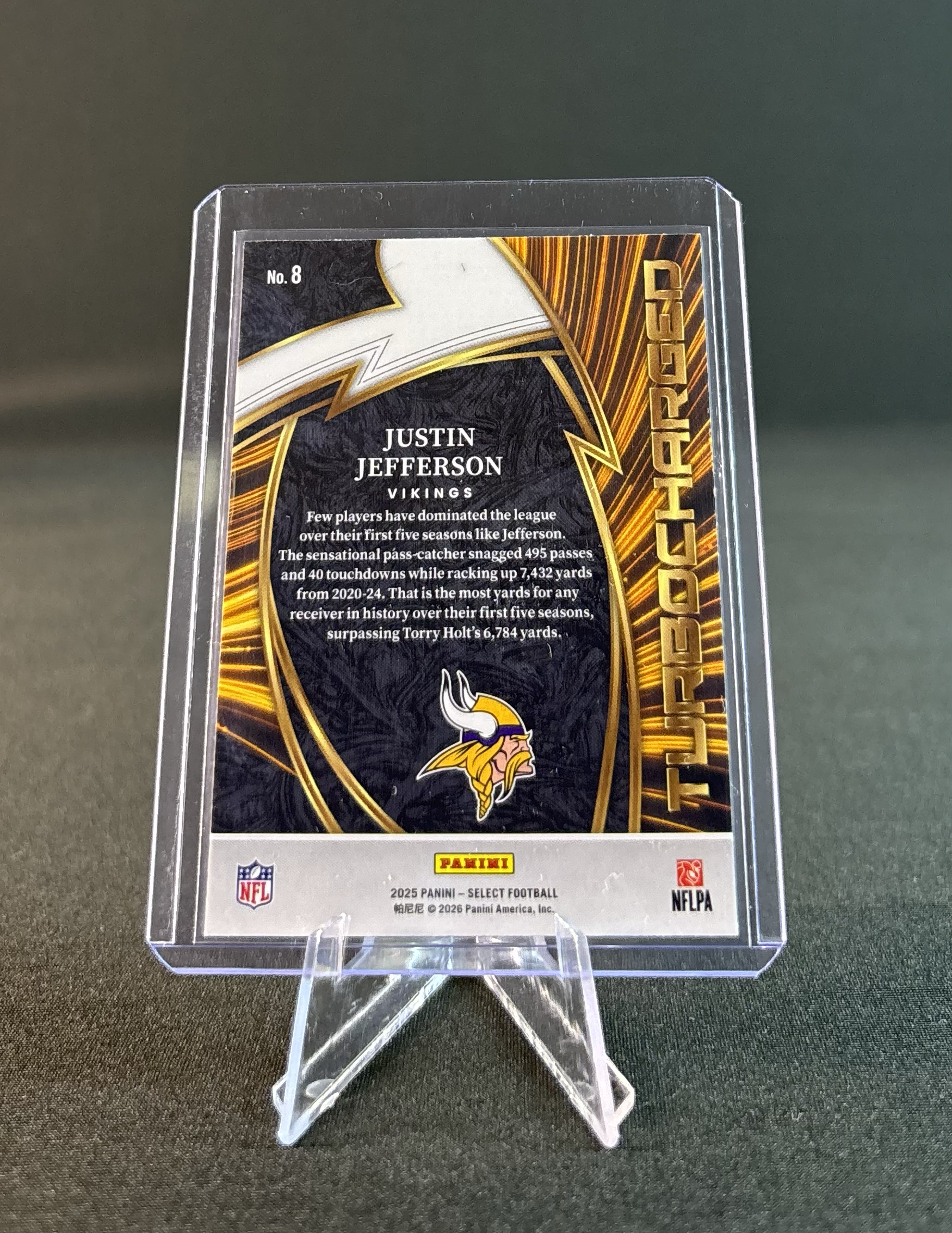 Back of a football trading card featuring Justin Jefferson of the Minnesota Vikings, with holographic design and the NFL and Panini logos at the bottom.