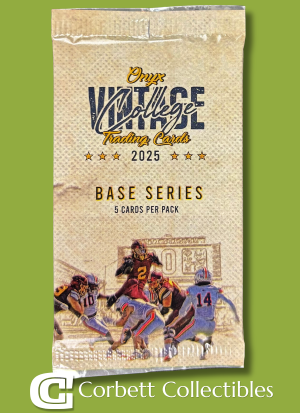 2025 Onyx Vintage College Trading Cards Base Series pack with football players on the front.