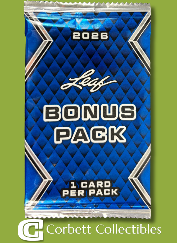 A 2026 Leaf Bonus Pack trading card pack with blue diamond pattern, silver borders, and text that reads '2026 Leaf Bonus Pack, 1 card per pack.'
