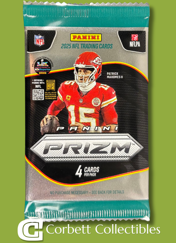 Pack of 2025 NFL trading cards from Panini Prizm, featuring Patrick Mahomes II of the Kansas City Chiefs.
