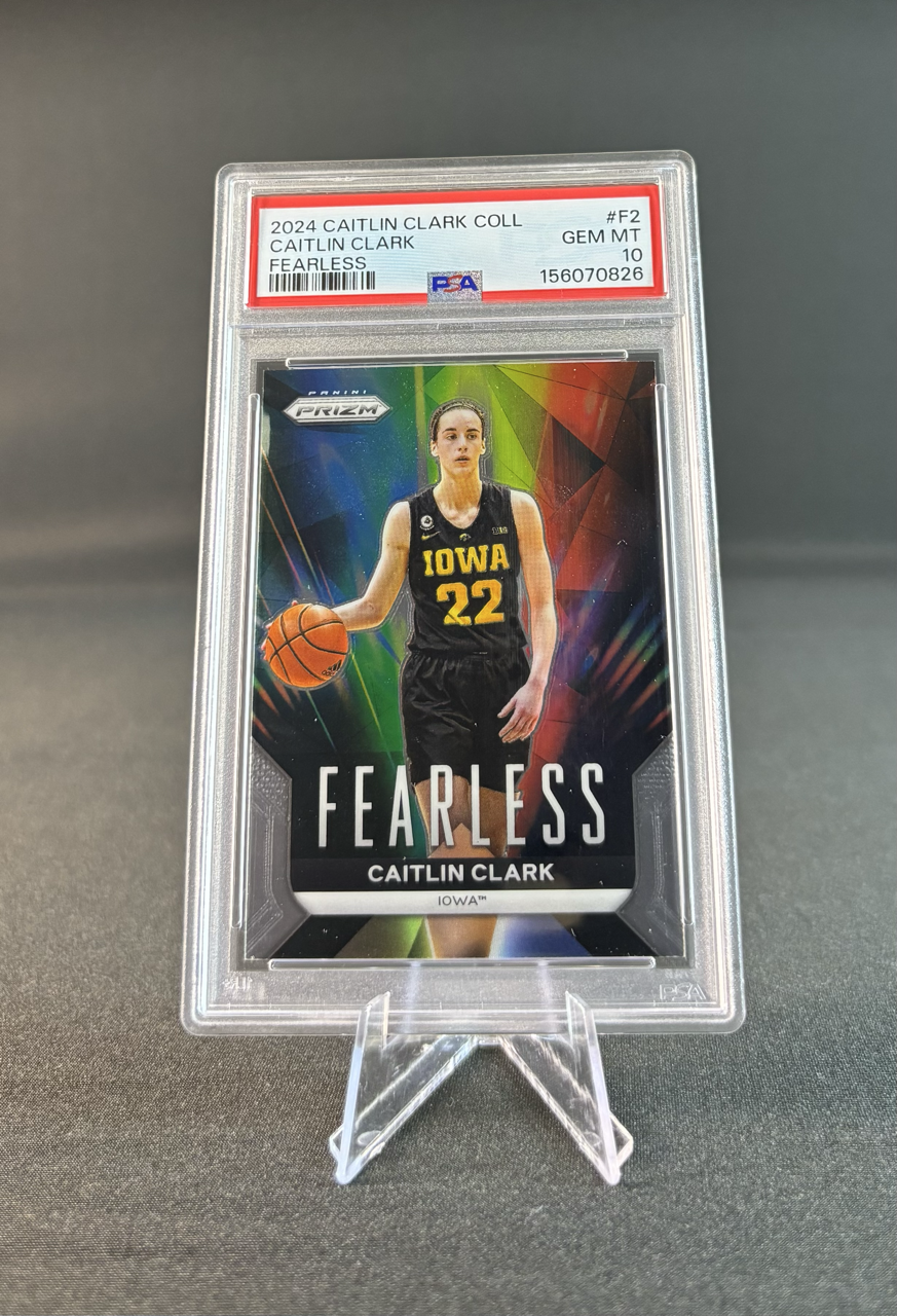 Basketball trading card of Caitlin Clark from the University of Iowa, labeled Fearless, graded Gem Mint 10, encased in a plastic protective holder with a PSA label.