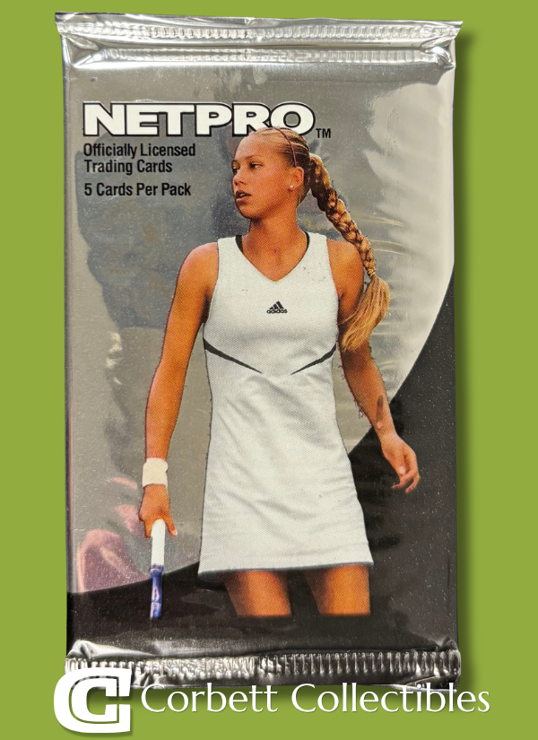Pack of five NETPRO licensed trading cards featuring a female tennis player in a white sports dress holding a tennis racquet.