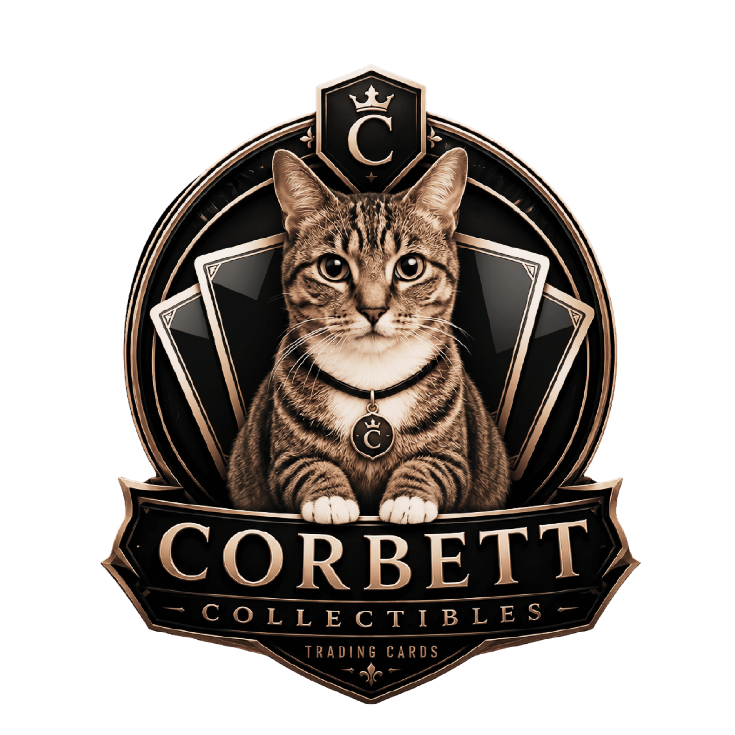 A digital illustration of a cat's head, wearing a collar with a tag, emerging from a decorative emblem with a crown and the letter C, representing the Collège Collectibles logo for trading cards.