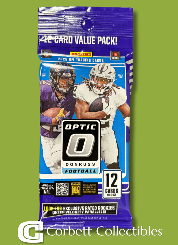 A pack of Panini NFL trading cards featuring football players in action, with a purple and blue design, and 12 cards per pack.