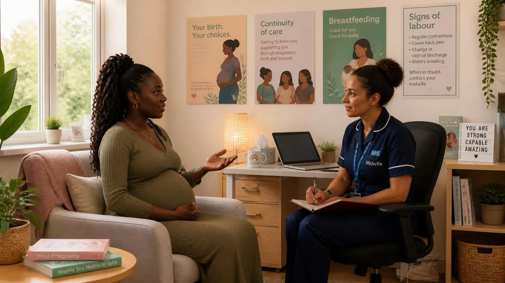 black pregnant woman with UK midwife, advocating