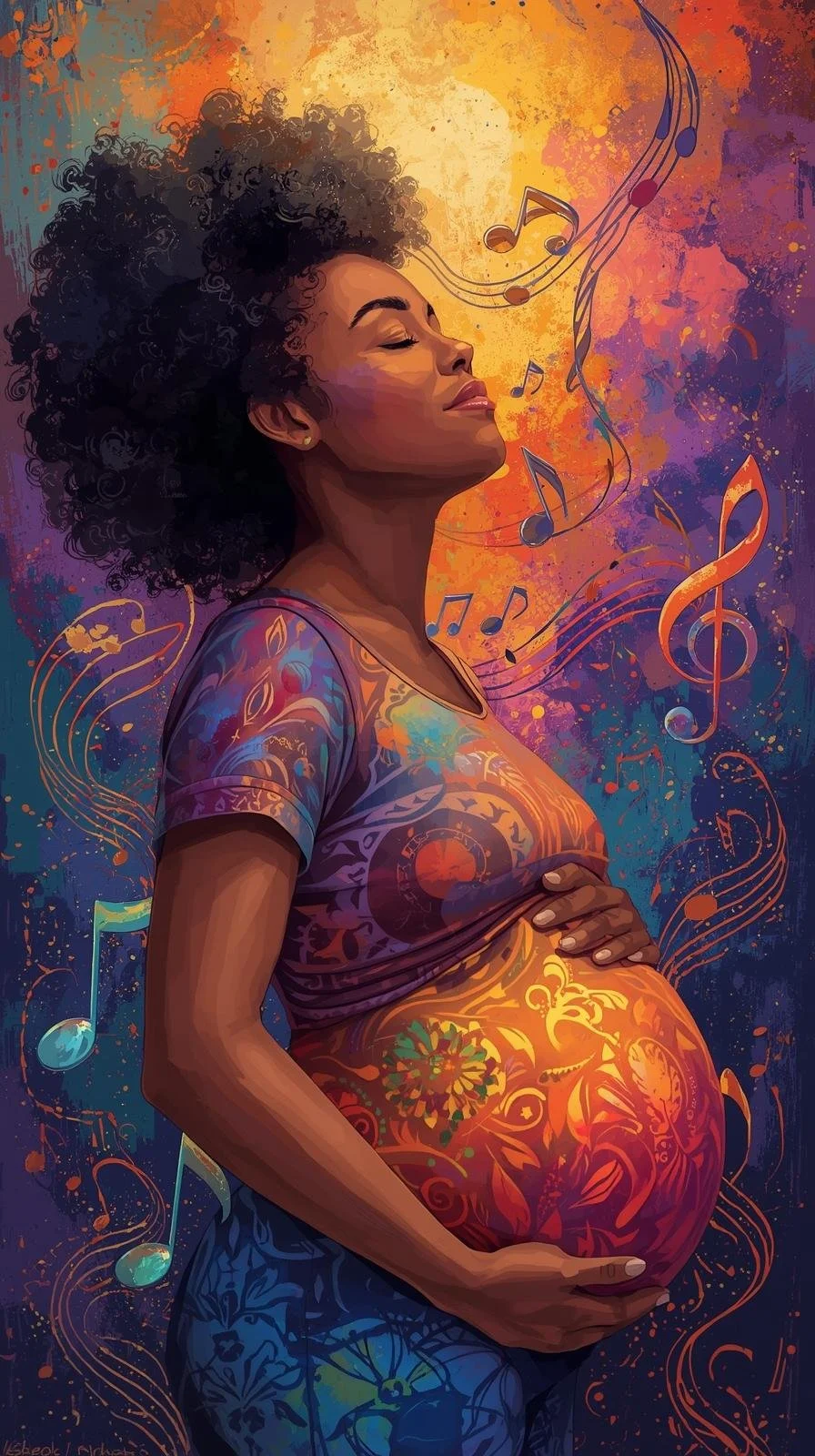 Black pregnant woman, music notes, sound waves