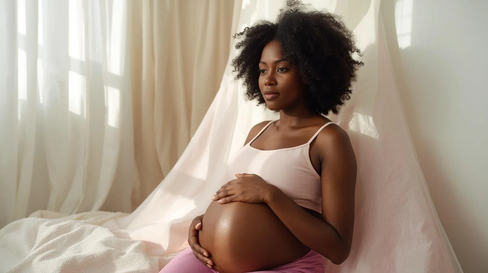 Black pregnant woman in deep thought