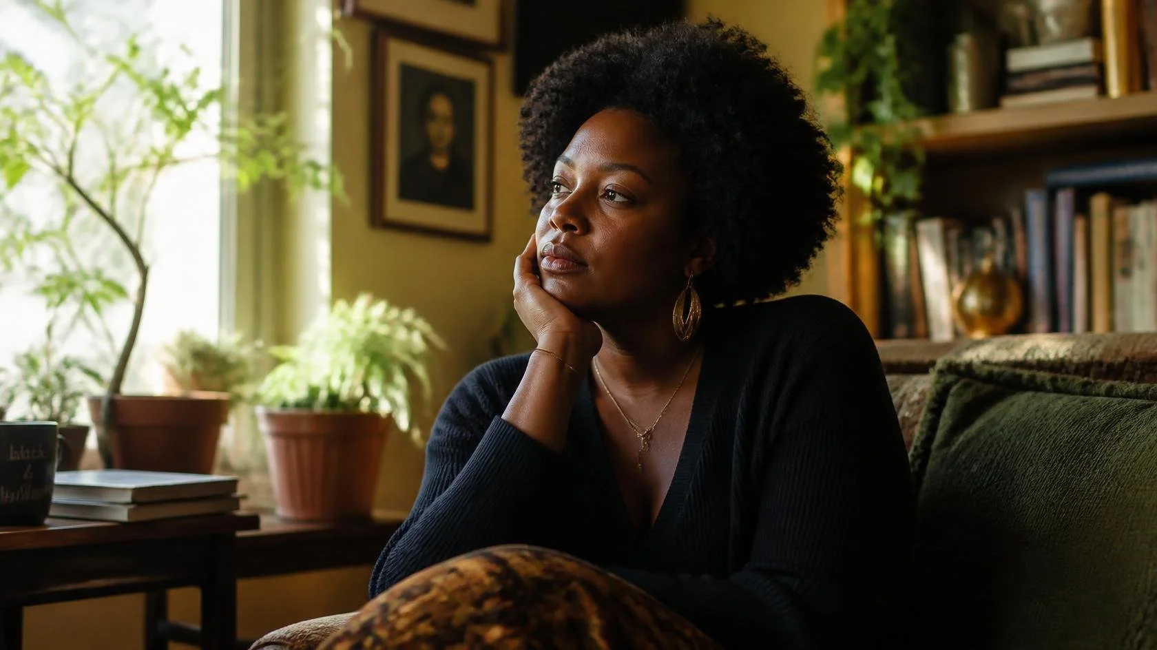 Black woman in thought about her pregnancy