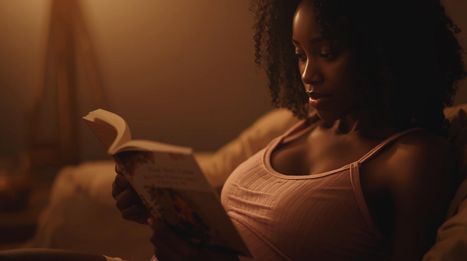 Black pregnant woman reading about pregnancy, birth, labour