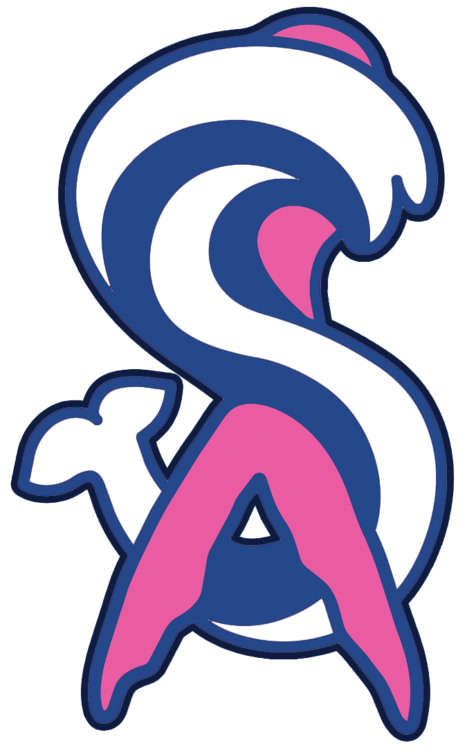 A stylized letter 'A' with a whale tail and a whale fin incorporated into its design, colored in pink, navy blue, and white.