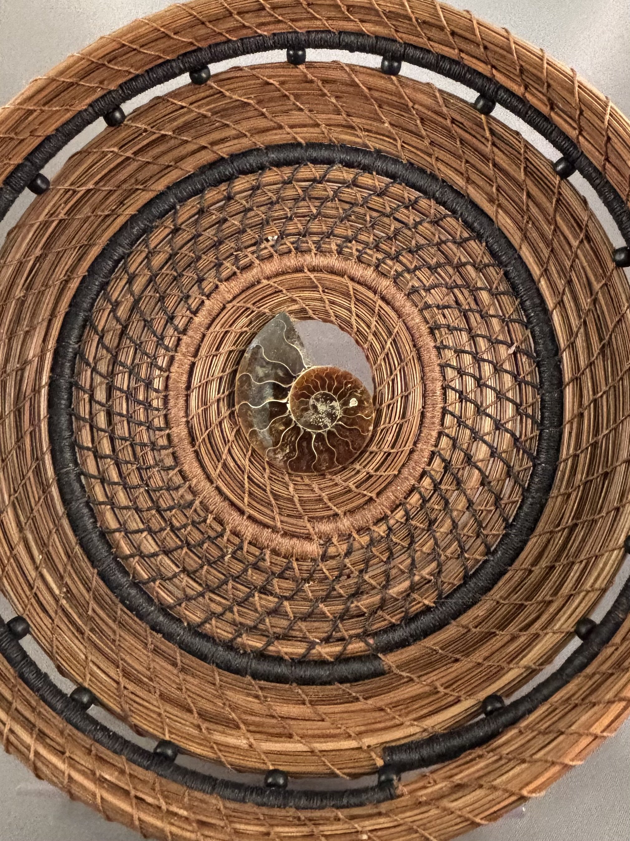 Deep Time original coiled pine needle basket with diamond stitching detail