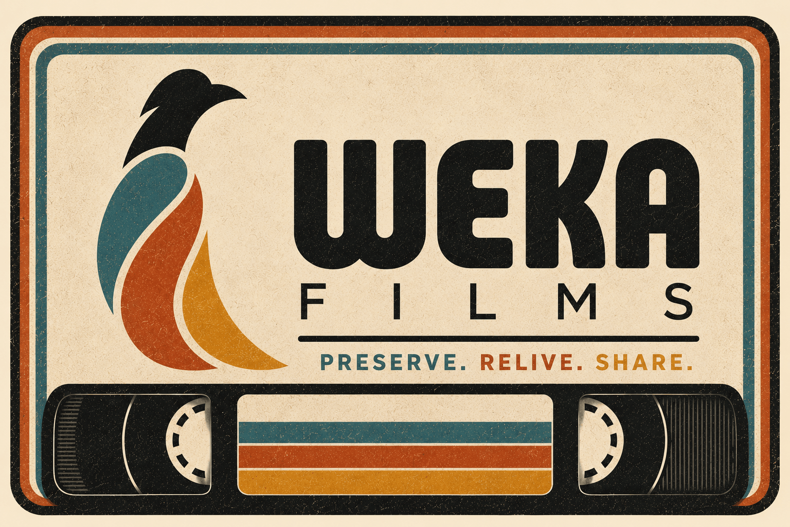 Vintage-style logo for Weka Films featuring a colorful abstract bird graphic and film reel illustration, with the slogan 'Preserve. Relive. Share.'