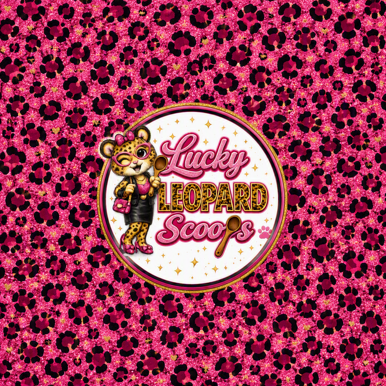 Pink leopard print background with a circular logo in the center featuring a cartoon leopard girl holding a spoon. Unique Gift Ideas. Self-Care Gifts Lucky Leopard Scoops in pink and leopard print fonts. Mystery scoop Women's Gifts