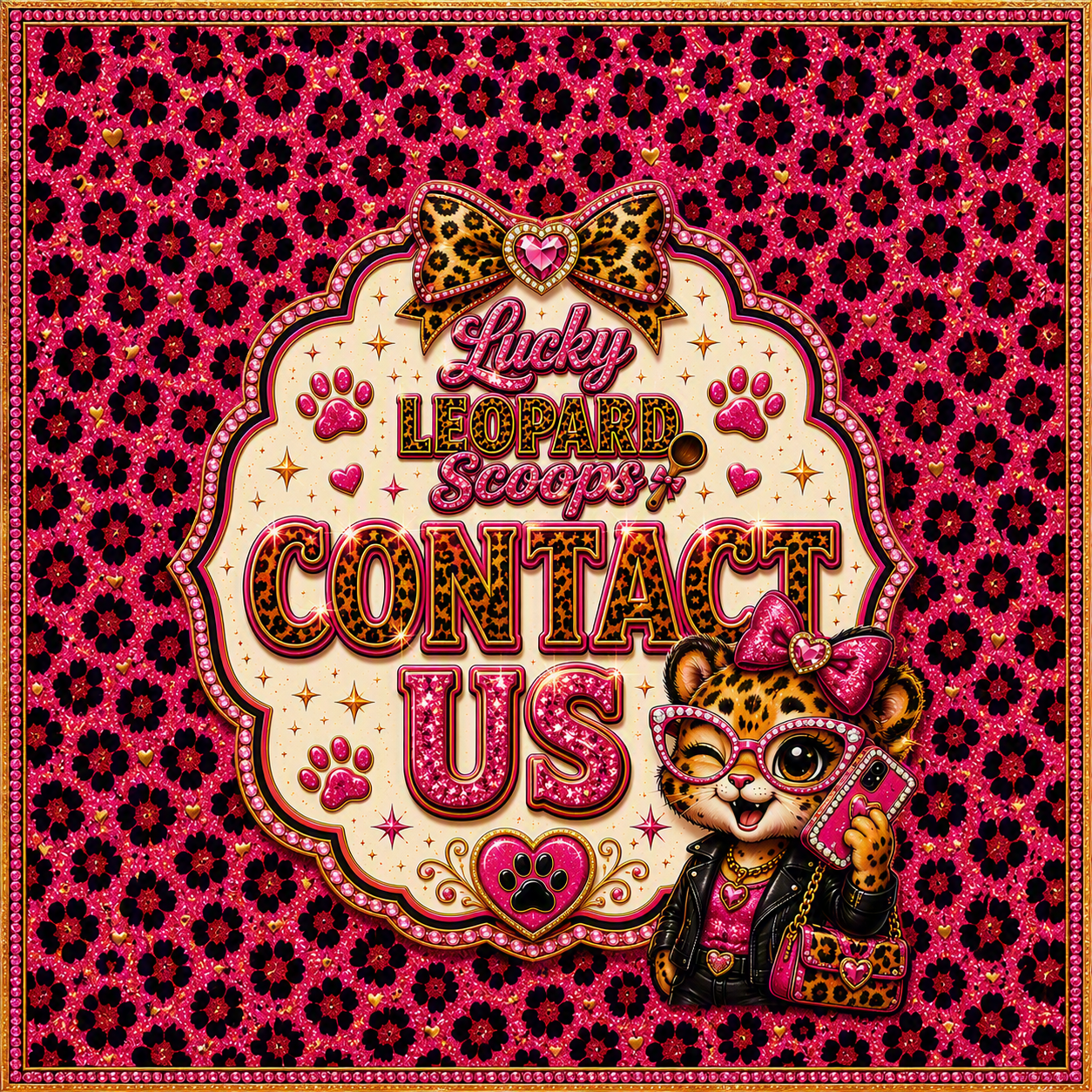 Colorful poster with pink and black leopard print background Lucky Leopard Scoops, Contact Us, mystery scoop, pink leopard print, self-care gifts, gift card, women's mystery box