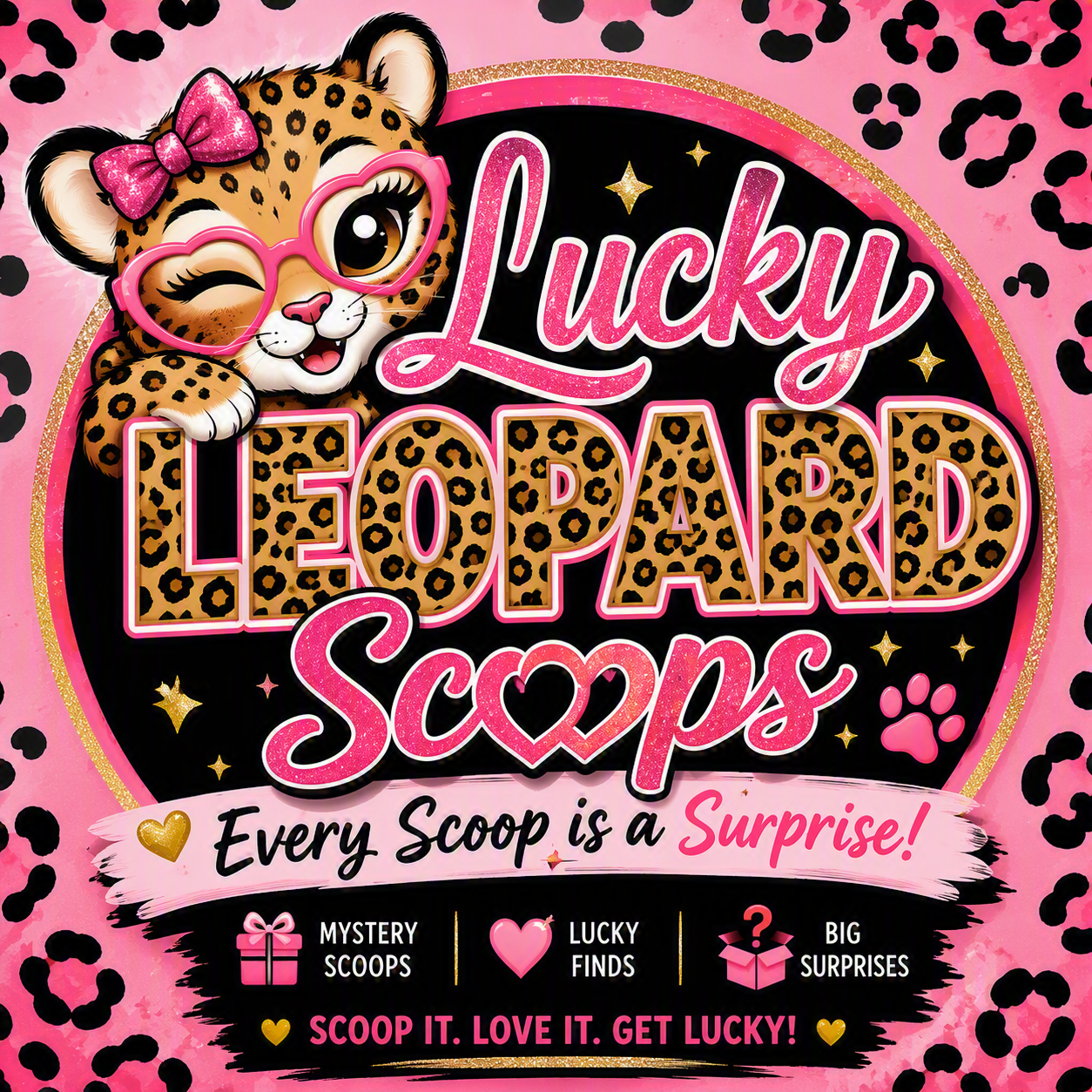 Pink and black packaging for Lucky Leopard Scoops mystery scoops, birthday gifts, boutique shop, mystery bundle, unique gift ideas, curated gifts, leopard print