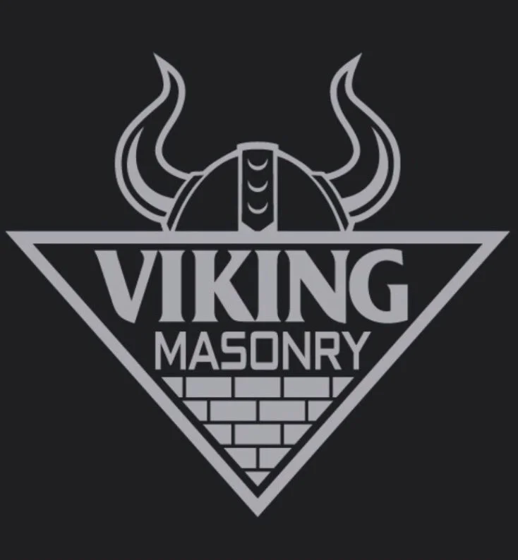 Logo with a Viking helmet featuring horns above the text 'Viking Masonry' and a brick wall inside a downward-pointing triangle outline.