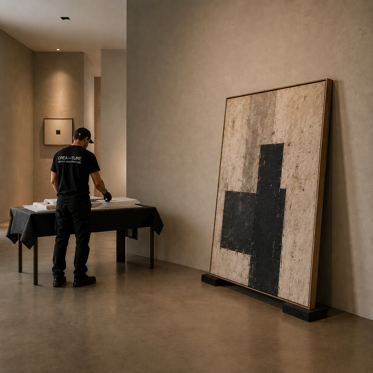 An art gallery worker organizes materials on a table next to an abstract canvas leaning against the wall.