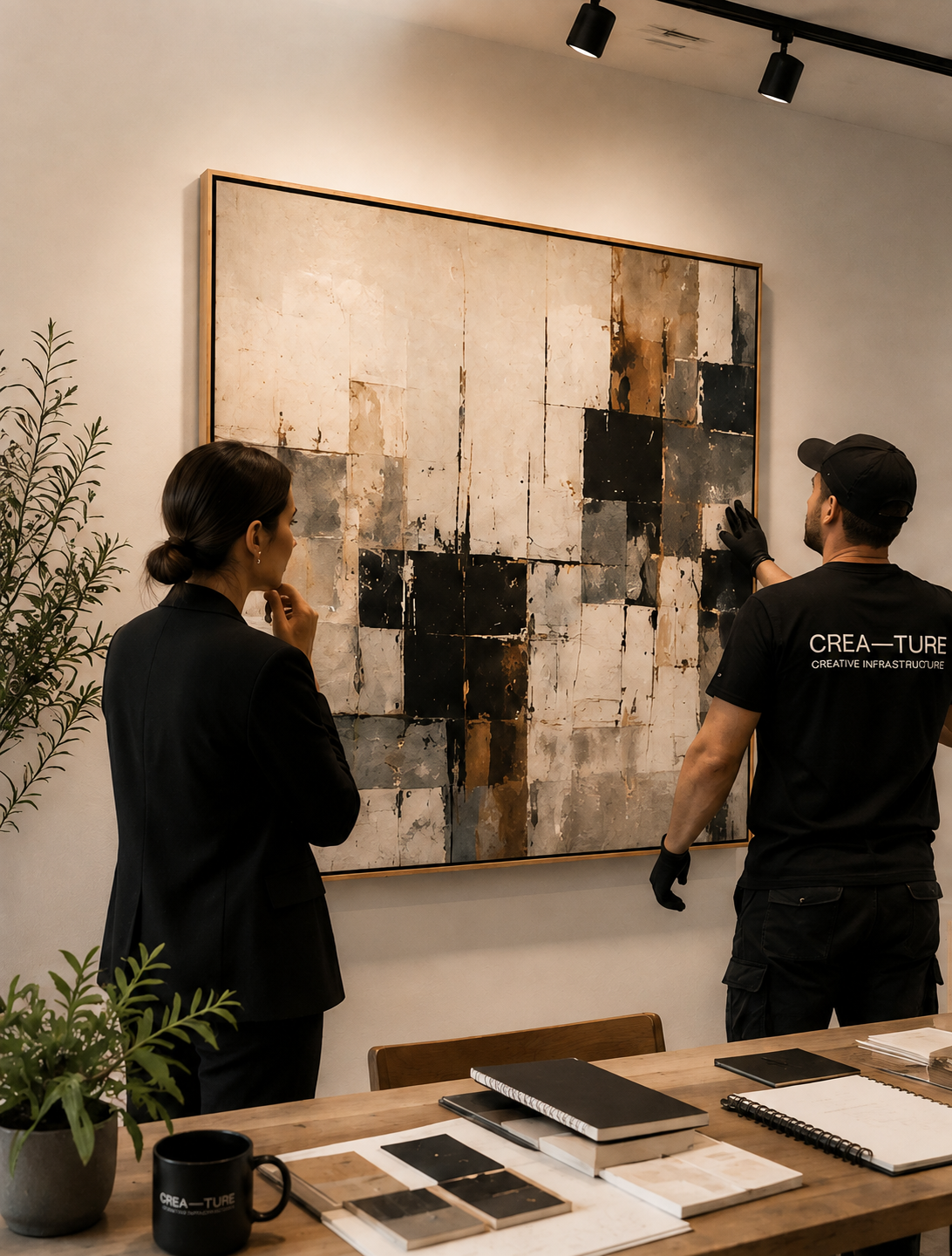 Two people discussing an abstract painting in an art gallery or studio, with a table containing books and samples in the foreground.