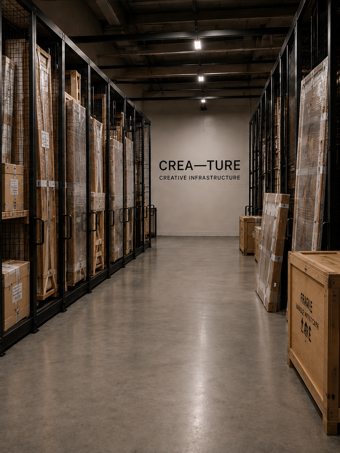 Storage aisle with wooden crates and shelves in a warehouse, with the words 'CREA—TURE' and 'CREATIVE INFRASTRUCTURE' on the back wall.