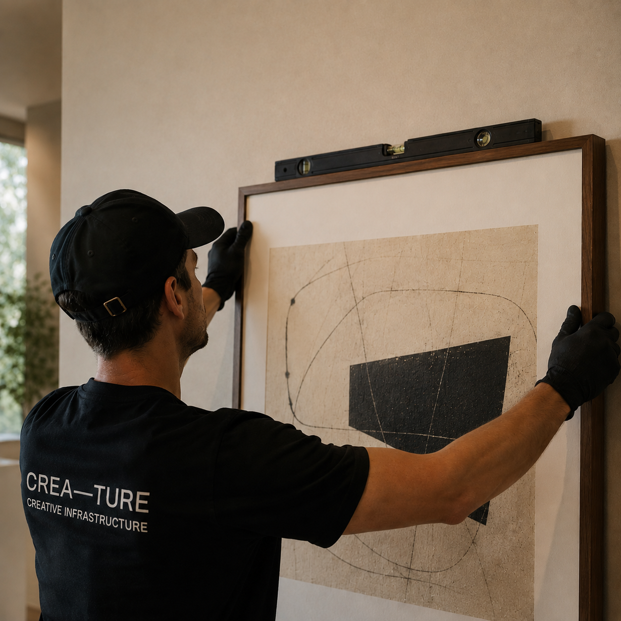 A person wearing a black cap, black shirt with white text, and black gloves is hanging a framed abstract artwork on a beige wall with a level tool placed on top of the frame for alignment.