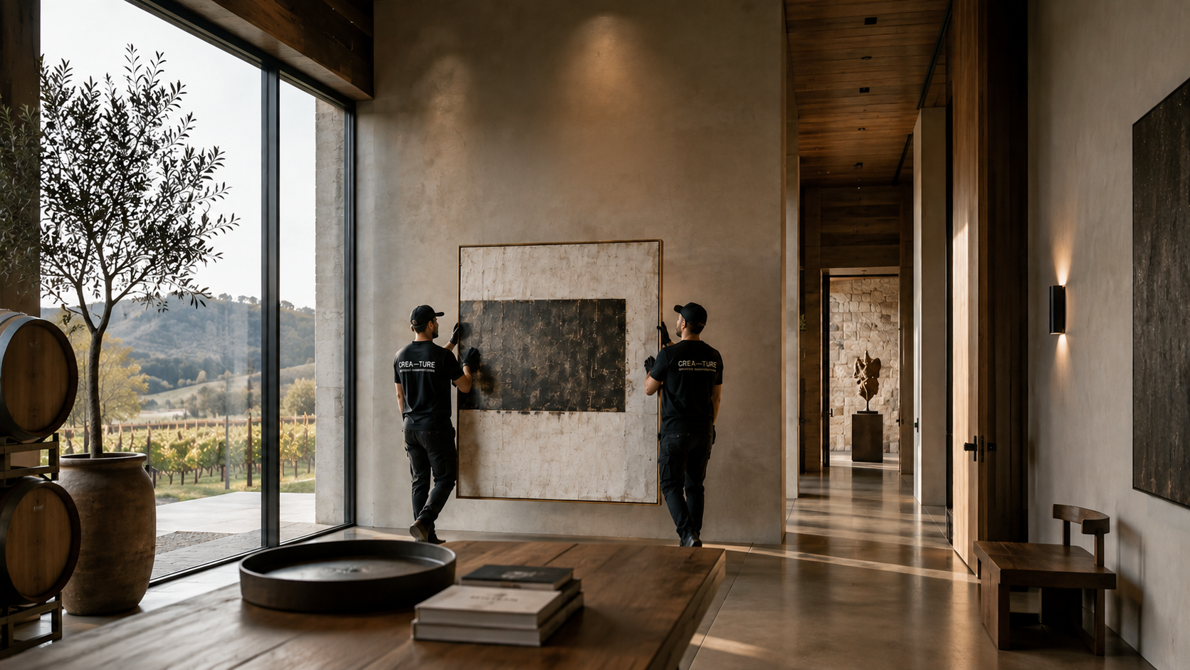Two men in black shirts and caps hang artwork in a modern, spacious gallery with large windows and a view of rolling hills and vineyards outside.