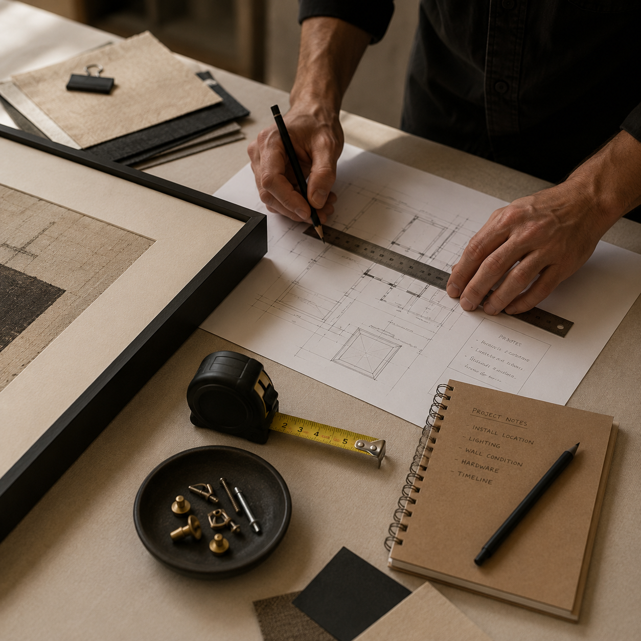 A person is working on architectural drawings at a desk, using a ruler and pencil. There are project notes, fabric samples, a tape measure, and hardware pieces on the desk.