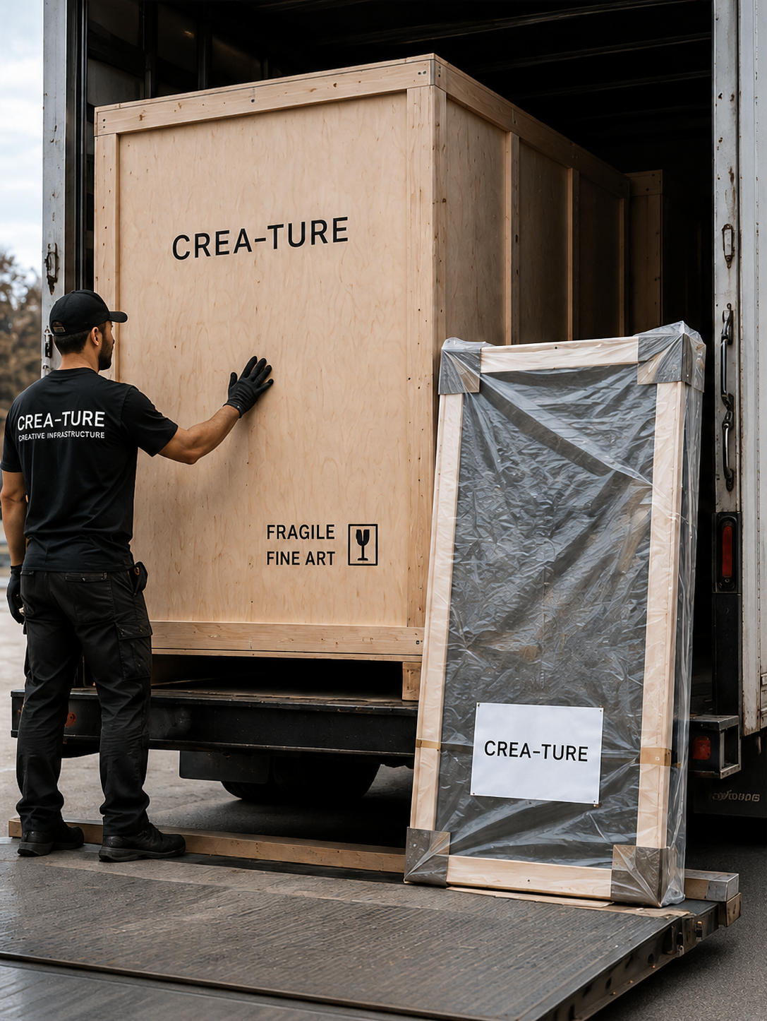 A person is unboxing or inspecting a large wooden crate labeled 'CREA-TURE' with icons indicating fragile and fine art, while standing on a truck bed. Another framed crate wrapped in plastic with the same label is leaning against the larger crate.