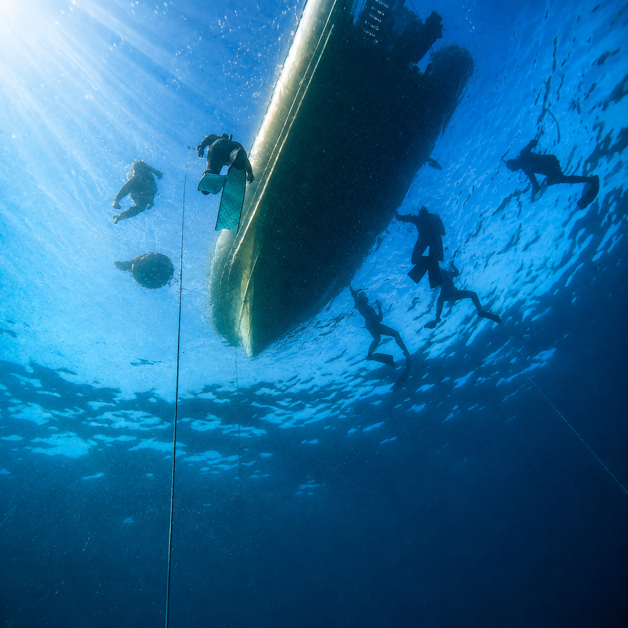 Plongée sous-marine avec plusieurs plongeurs nageant sous un bateau.
