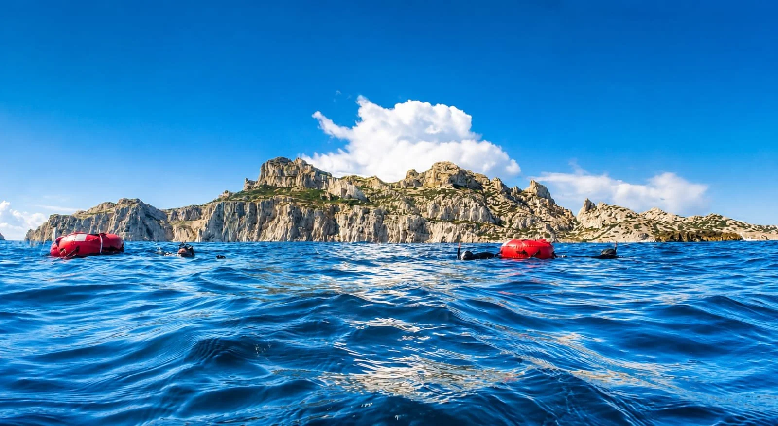 Groupe de plongeurs avec des bouées rouges dans une mer bleue près d'une falaise rocheuse sous un ciel bleu avec quelques nuages.