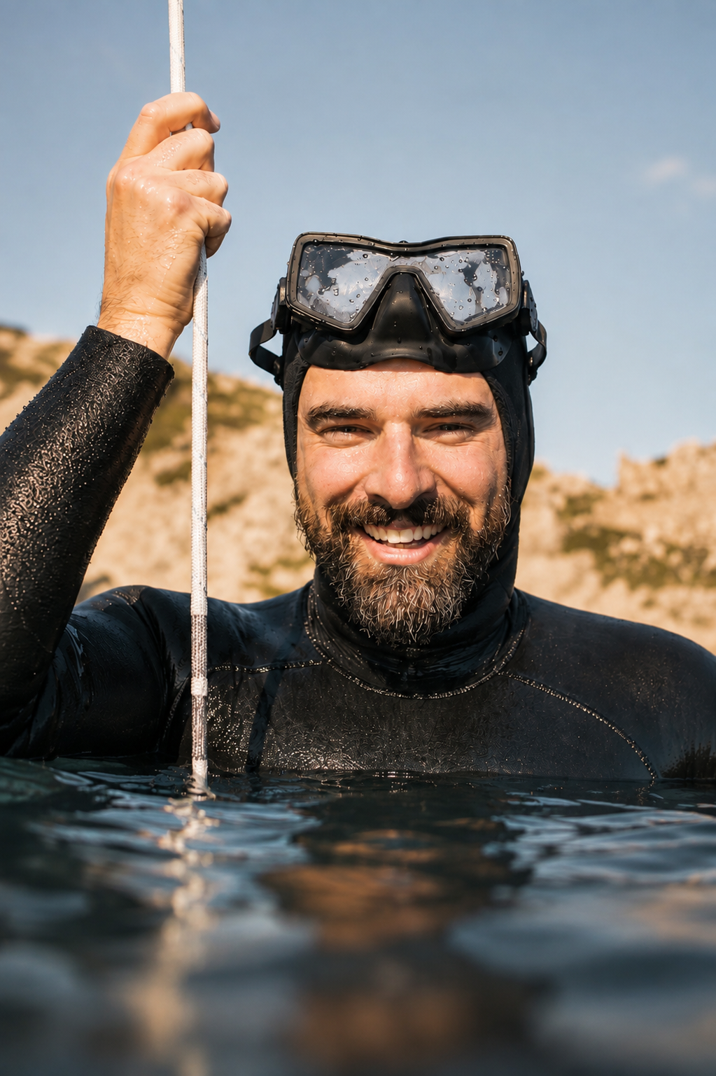 Homme souriant portant un équipement de plongée, avec masque de plongée sur la tête, sortant de l'eau en milieu naturel