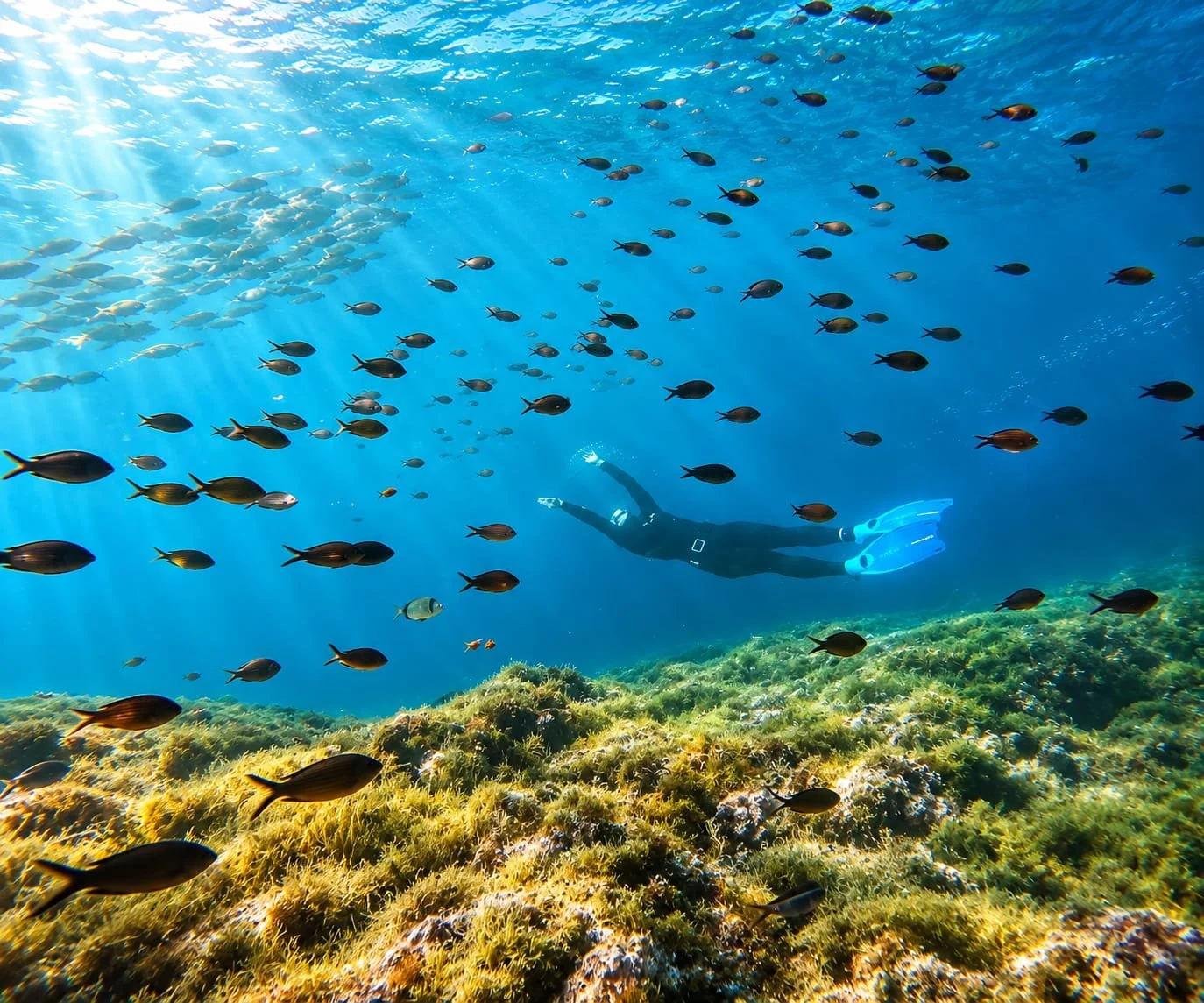 Plongée sous-marine avec un plongeur nageant parmi un grand groupe de poissons dans un environnement marin clair et ensoleillé, avec un fond de corail.
