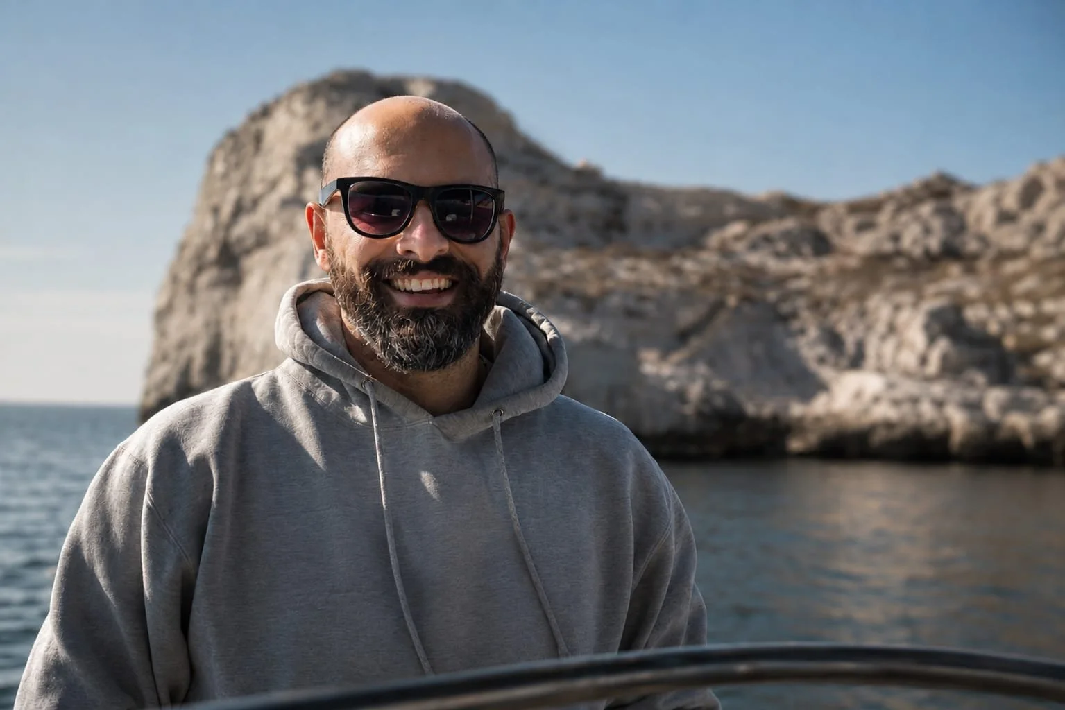 Homme souriant portant des lunettes de soleil et un sweat à capuche gris, debout devant la mer avec des rochers en arrière-plan.