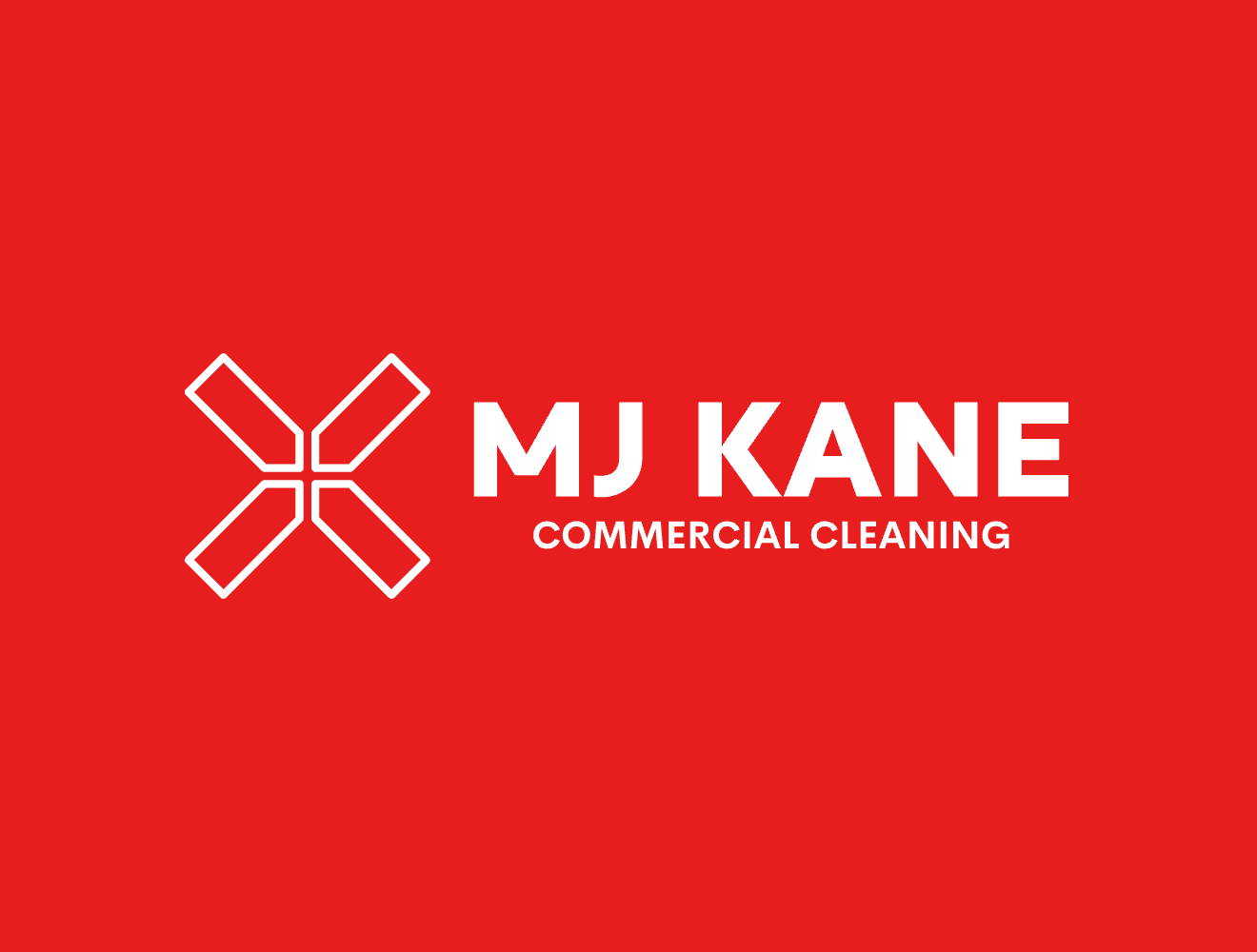 Red background with white logo and text for MJ Kane Commercial Cleaning, featuring a stylized X design.