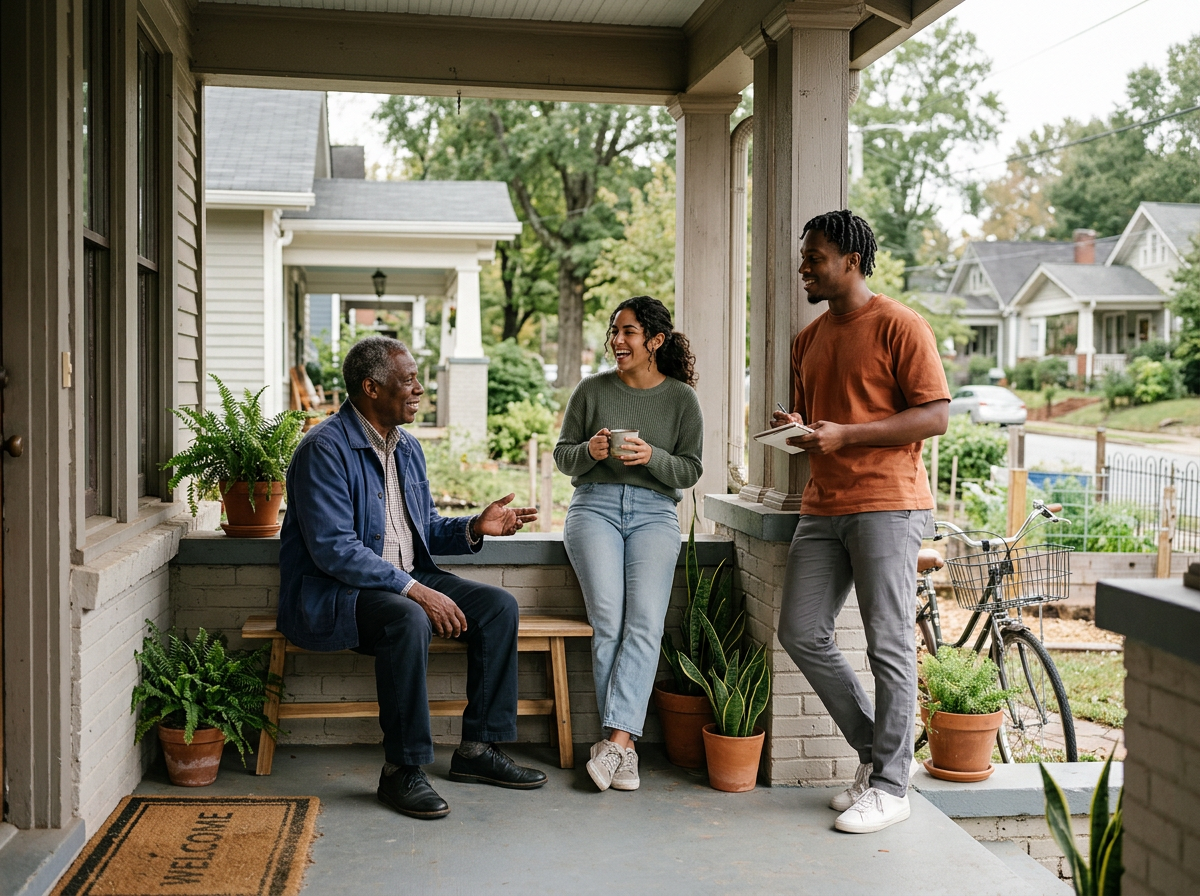 Three people having a friendly conversation on a front porch. An older man is sitting on a bench, a young woman is standing, and a young man is leaning against a porch pillar. They are smiling and holding a mug and notebook. There are potted plants, a bicycle, and a welcome mat in the scene.